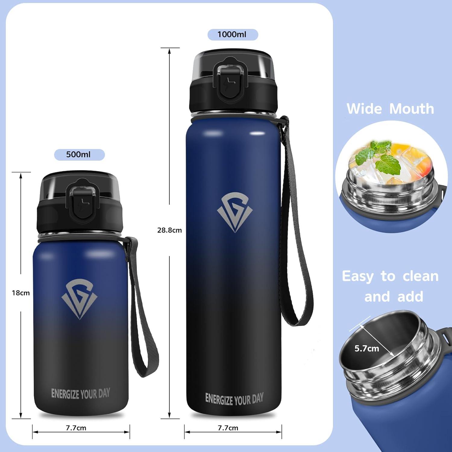 imageGrsta gourde Isotherme 1L Paille sans BPA Bouteille sous Vide Double Paroi AntiFuite Mtal Sport Camping GymBlueblack