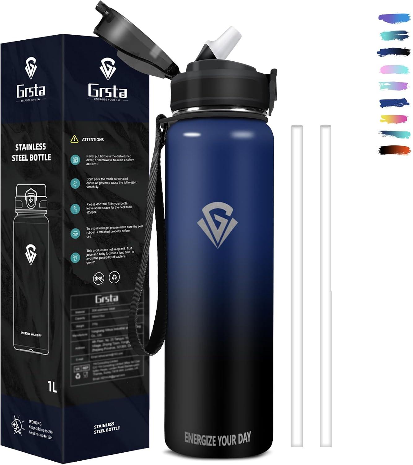 imageGrsta gourde Isotherme 1L Paille sans BPA Bouteille sous Vide Double Paroi AntiFuite Mtal Sport Camping GymBlueblack