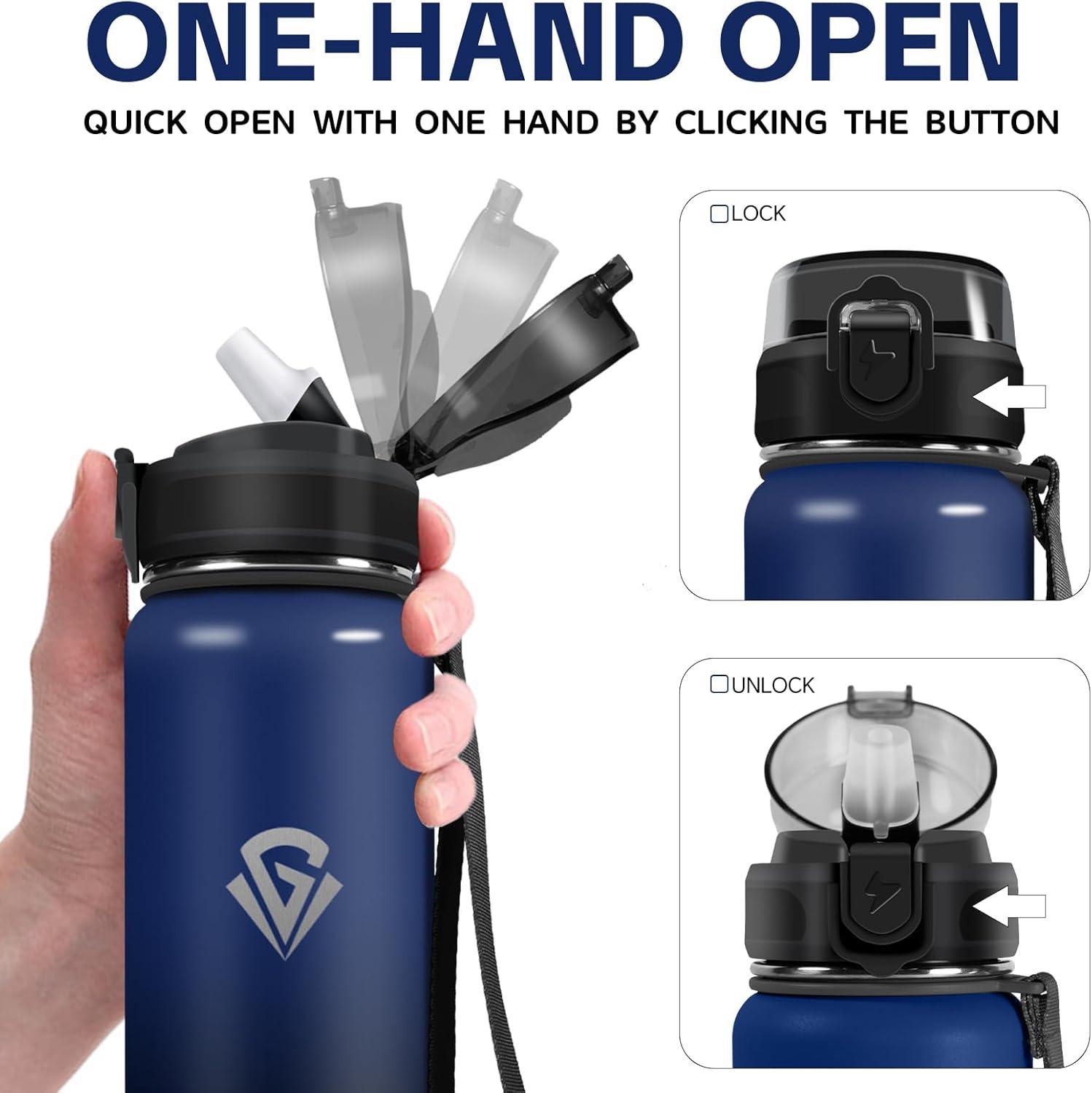 imageGrsta gourde Isotherme 1L Paille sans BPA Bouteille sous Vide Double Paroi AntiFuite Mtal Sport Camping GymBlueblack