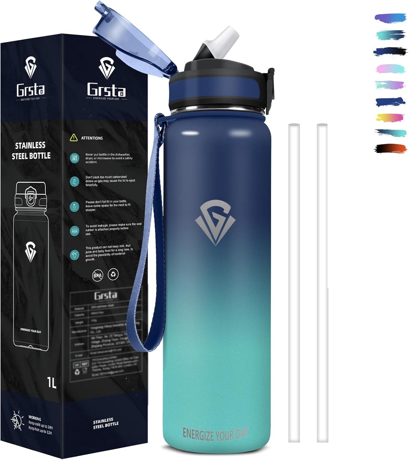 imageGrsta gourde Isotherme 1L Paille sans BPA Bouteille sous Vide Double Paroi AntiFuite Mtal Sport Camping GymBluegreen