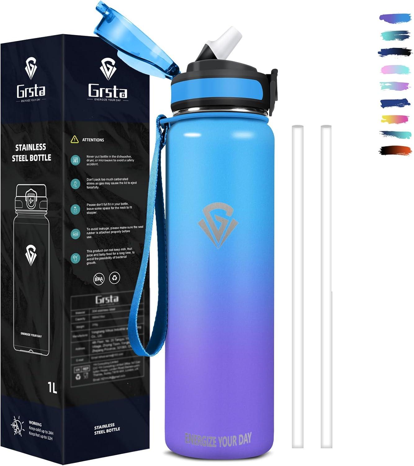 imageGrsta gourde Isotherme 1L Paille sans BPA Bouteille sous Vide Double Paroi AntiFuite Mtal Sport Camping GymBluepurple