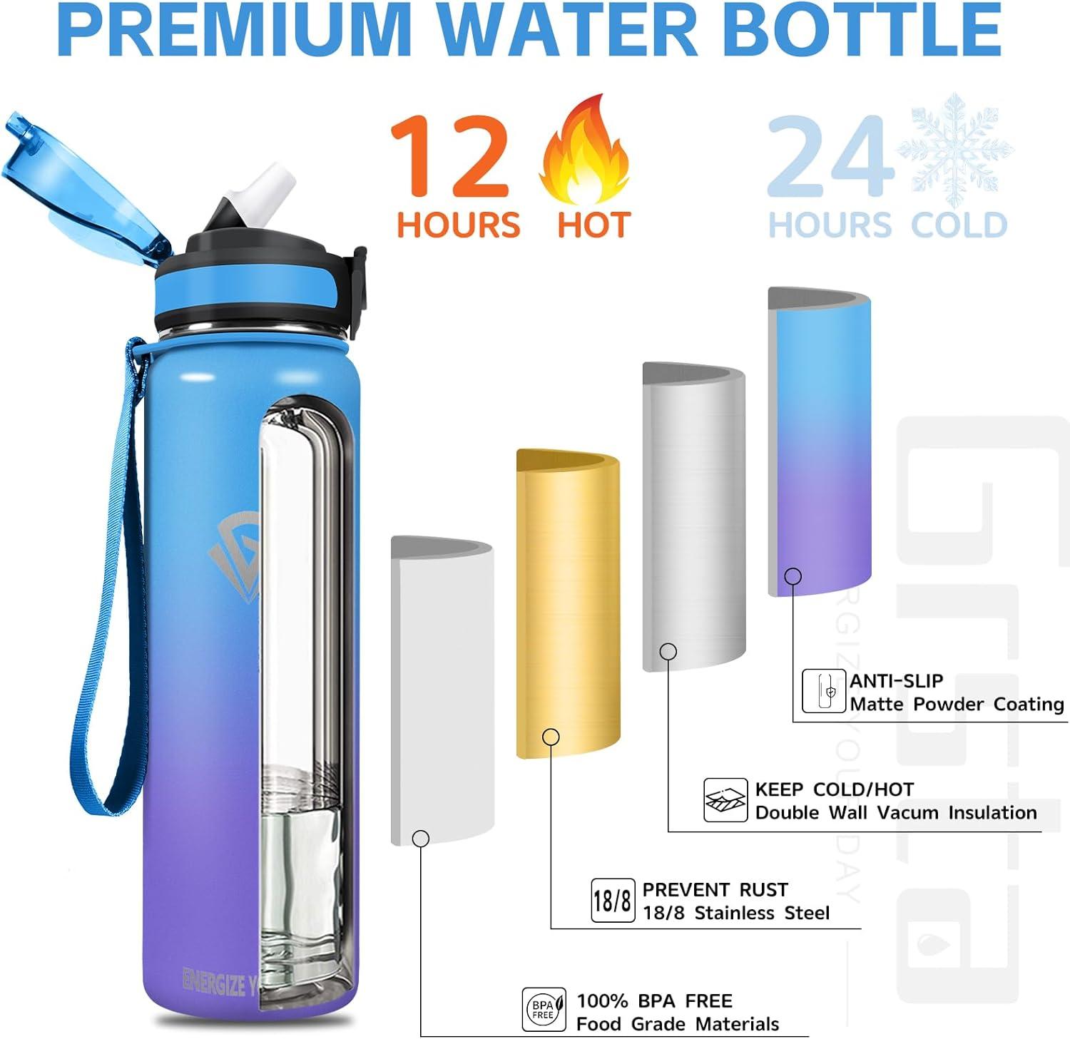 imageGrsta gourde Isotherme 1L Paille sans BPA Bouteille sous Vide Double Paroi AntiFuite Mtal Sport Camping GymBluepurple