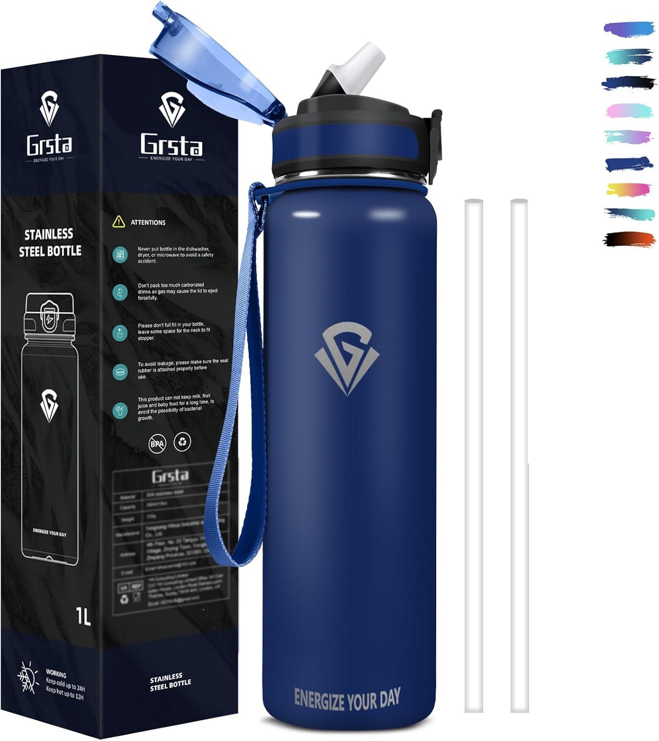 imageGrsta gourde Isotherme 1L Paille sans BPA Bouteille sous Vide Double Paroi AntiFuite Mtal Sport Camping GymDark Blue