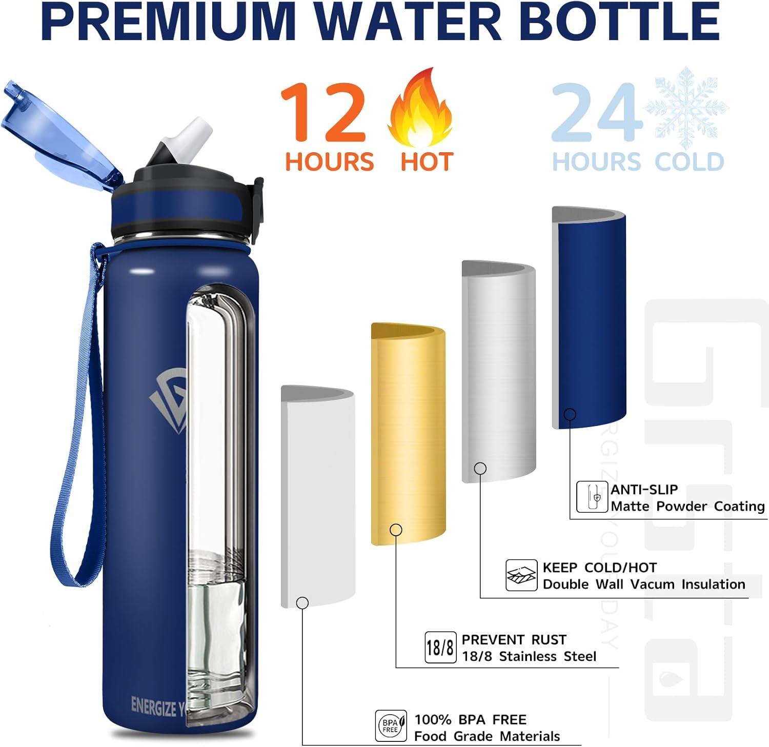 imageGrsta gourde Isotherme 1L Paille sans BPA Bouteille sous Vide Double Paroi AntiFuite Mtal Sport Camping GymDark Blue
