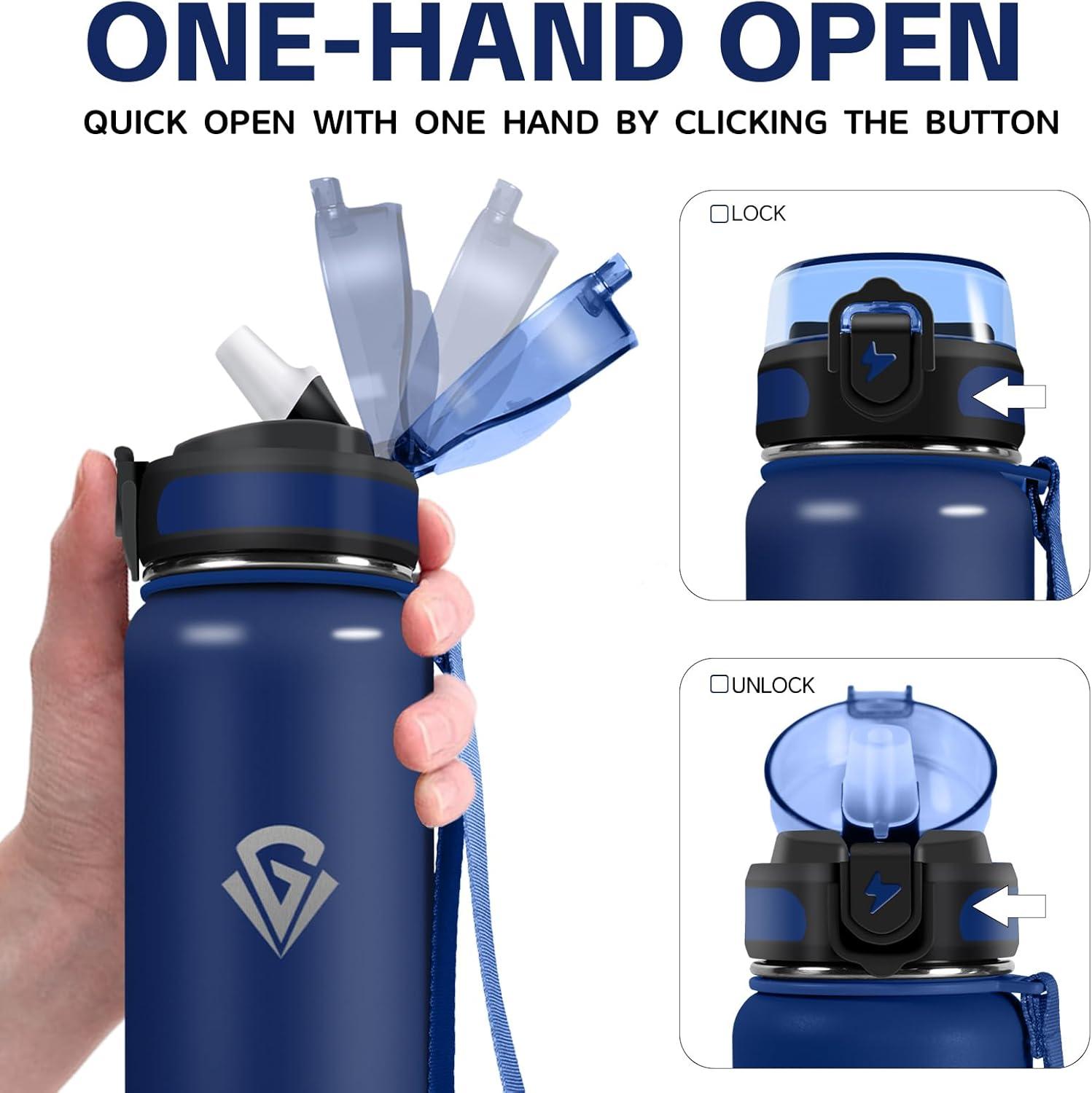 imageGrsta gourde Isotherme 1L Paille sans BPA Bouteille sous Vide Double Paroi AntiFuite Mtal Sport Camping GymDark Blue