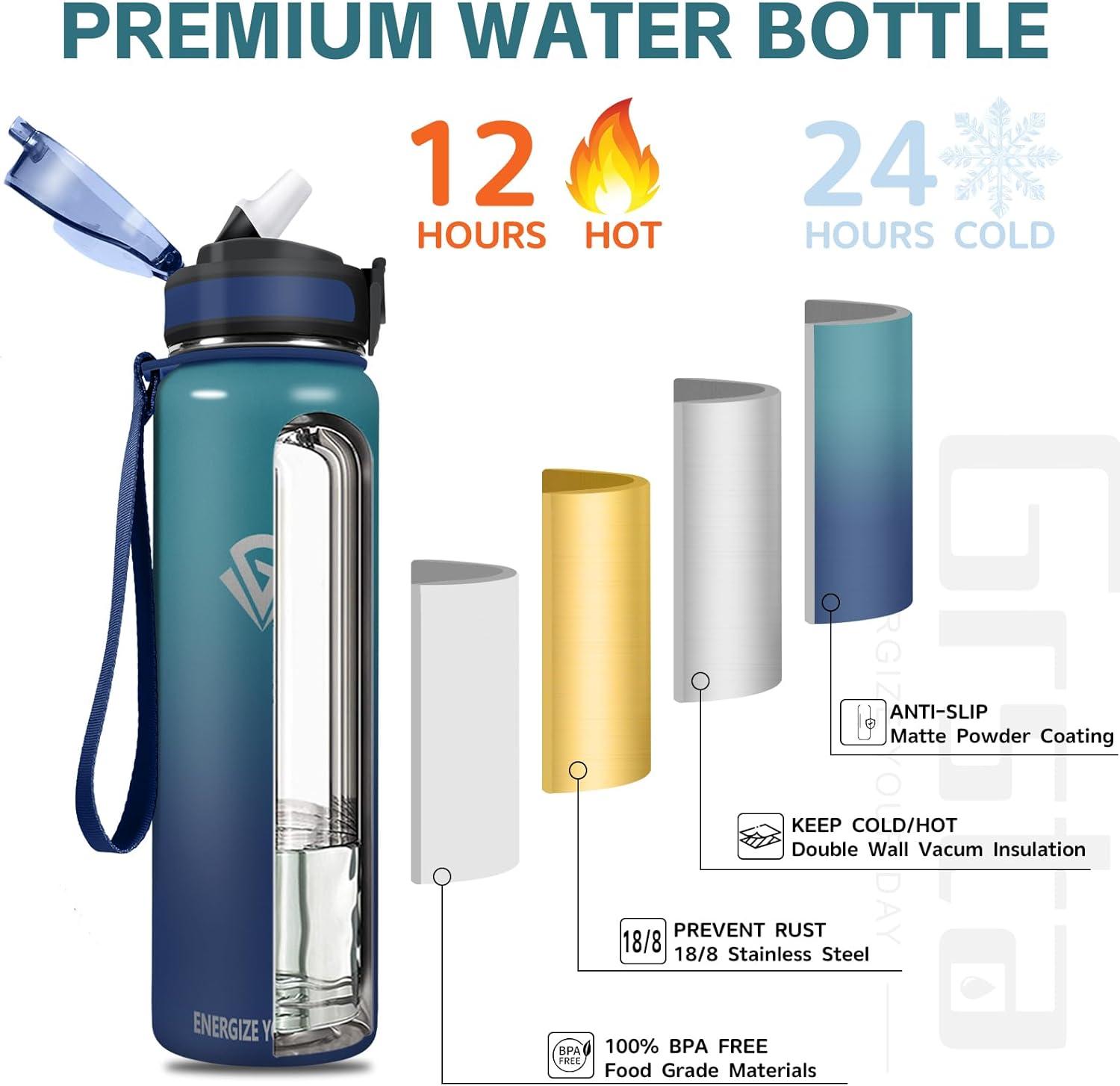 imageGrsta gourde Isotherme 1L Paille sans BPA Bouteille sous Vide Double Paroi AntiFuite Mtal Sport Camping GymDark Greenblue