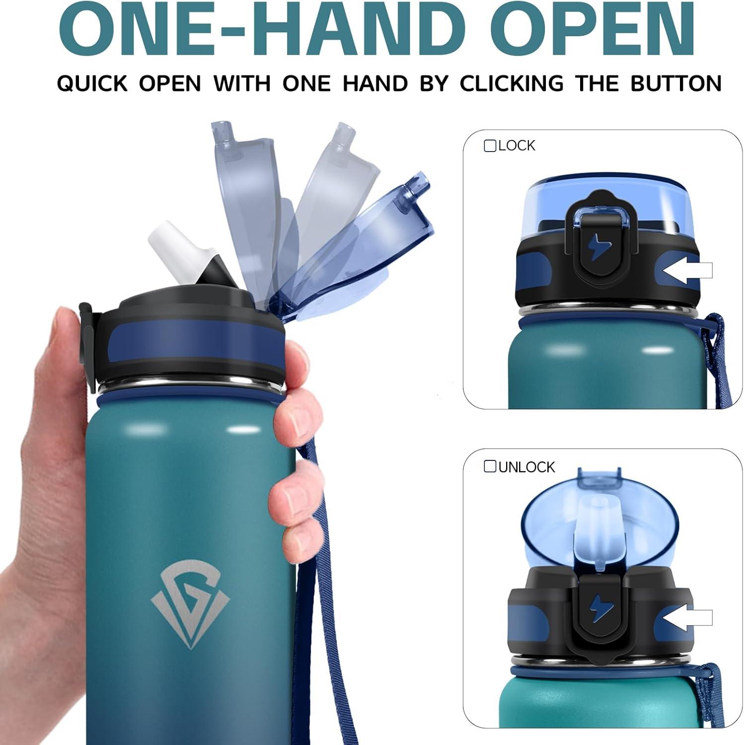 imageGrsta gourde Isotherme 1L Paille sans BPA Bouteille sous Vide Double Paroi AntiFuite Mtal Sport Camping GymDark Greenblue