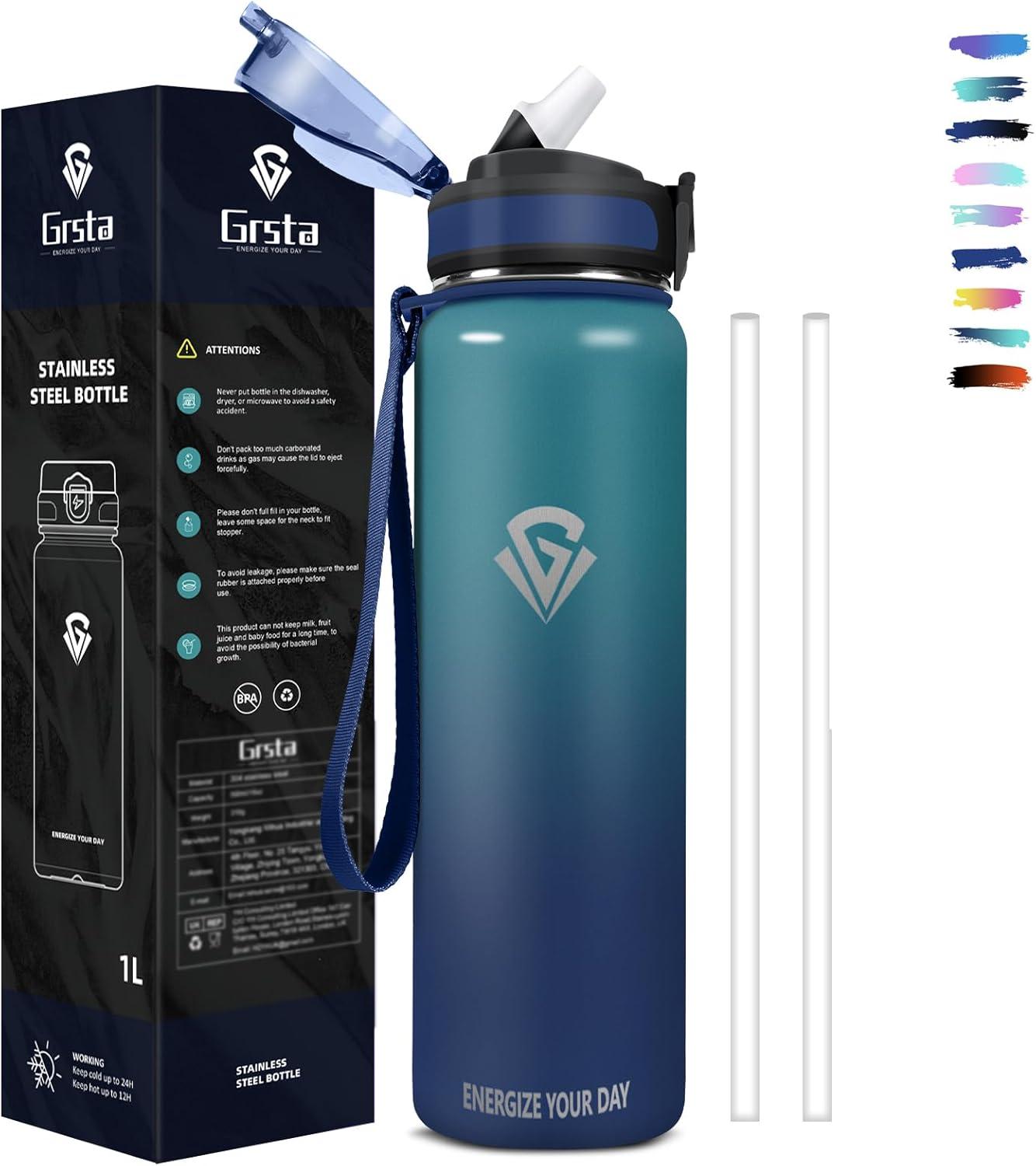 imageGrsta gourde Isotherme 1L Paille sans BPA Bouteille sous Vide Double Paroi AntiFuite Mtal Sport Camping GymDark Greenblue