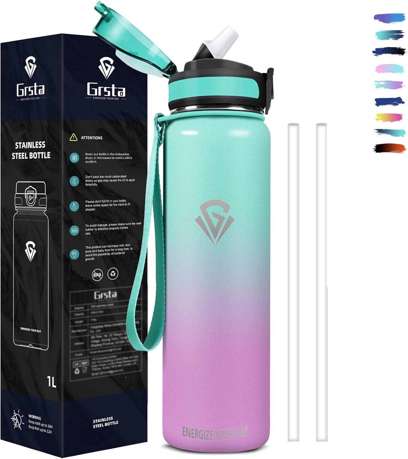 imageGrsta gourde Isotherme 1L Paille sans BPA Bouteille sous Vide Double Paroi AntiFuite Mtal Sport Camping GymGreenpink