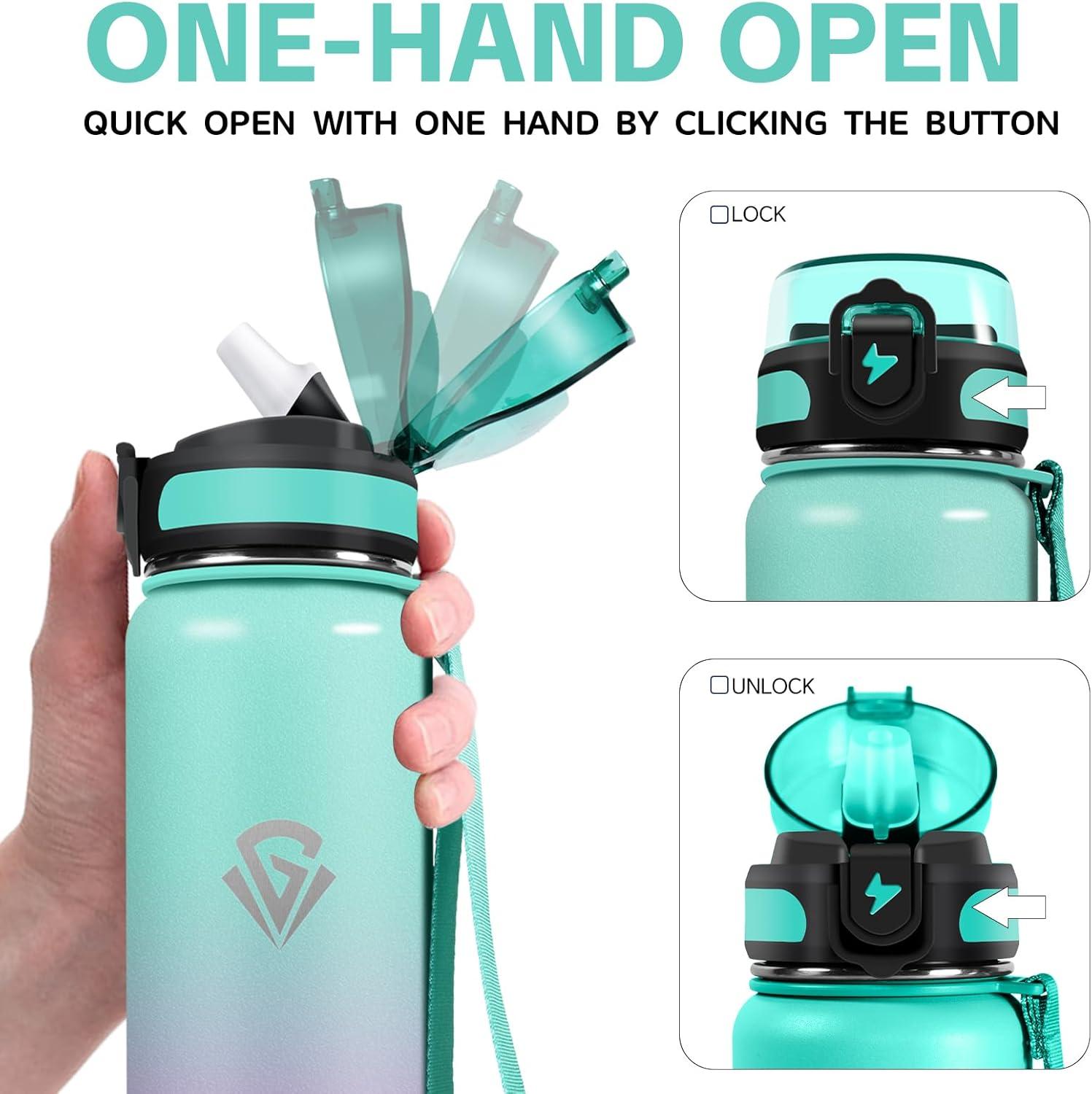 imageGrsta gourde Isotherme 1L Paille sans BPA Bouteille sous Vide Double Paroi AntiFuite Mtal Sport Camping GymGreenpink