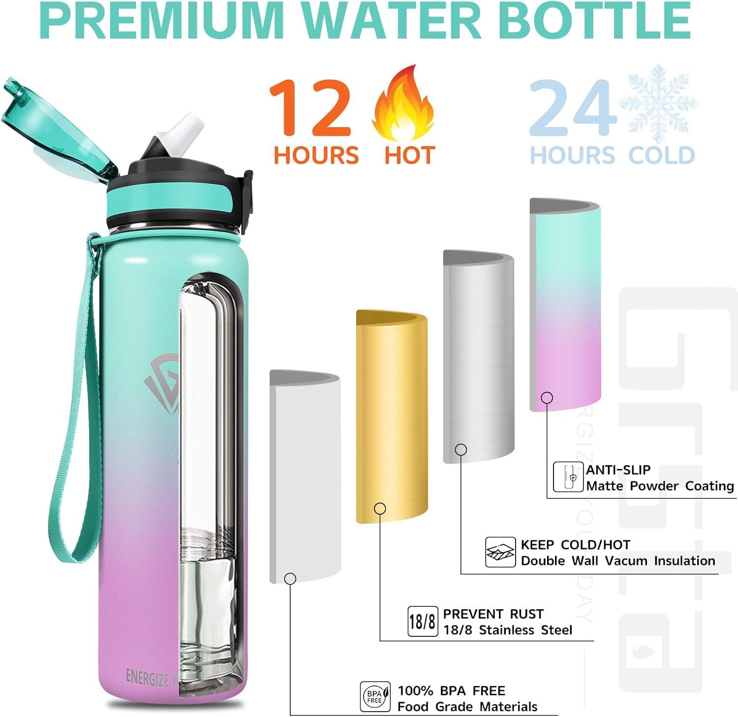 imageGrsta gourde Isotherme 1L Paille sans BPA Bouteille sous Vide Double Paroi AntiFuite Mtal Sport Camping GymGreenpink