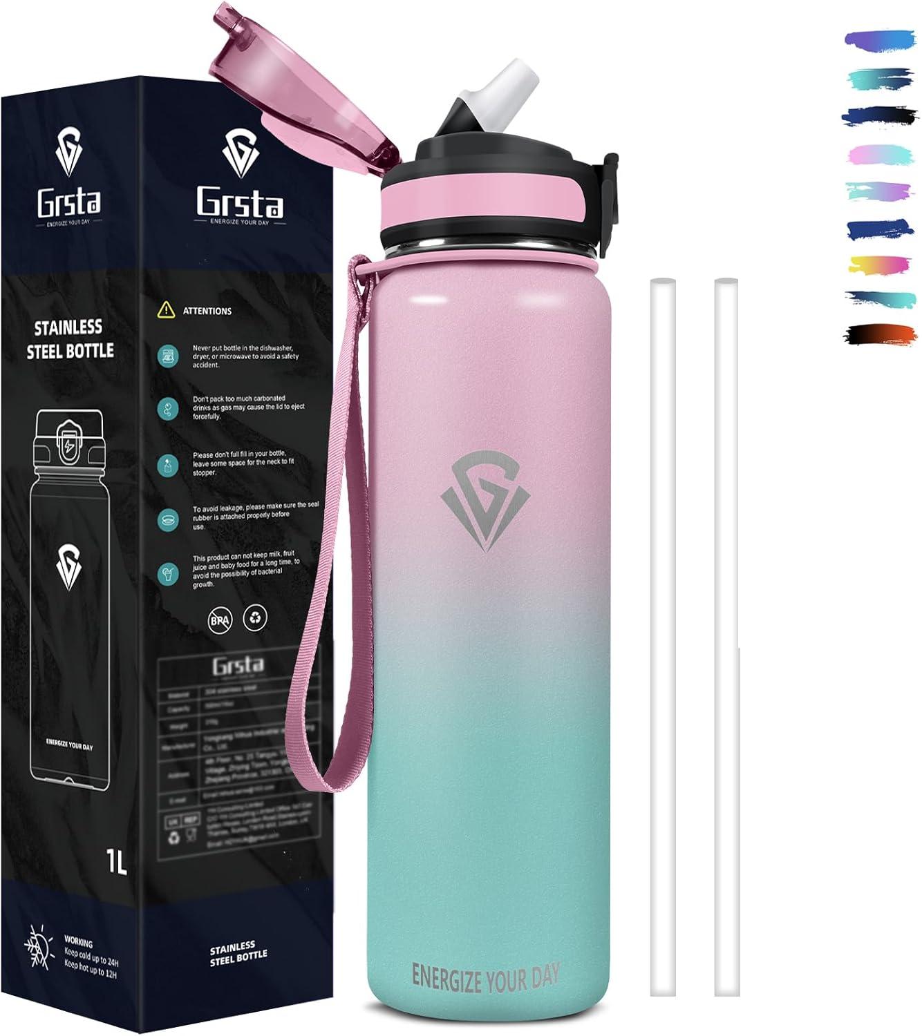 imageGrsta gourde Isotherme 1L Paille sans BPA Bouteille sous Vide Double Paroi AntiFuite Mtal Sport Camping GymLight Pinkgreen