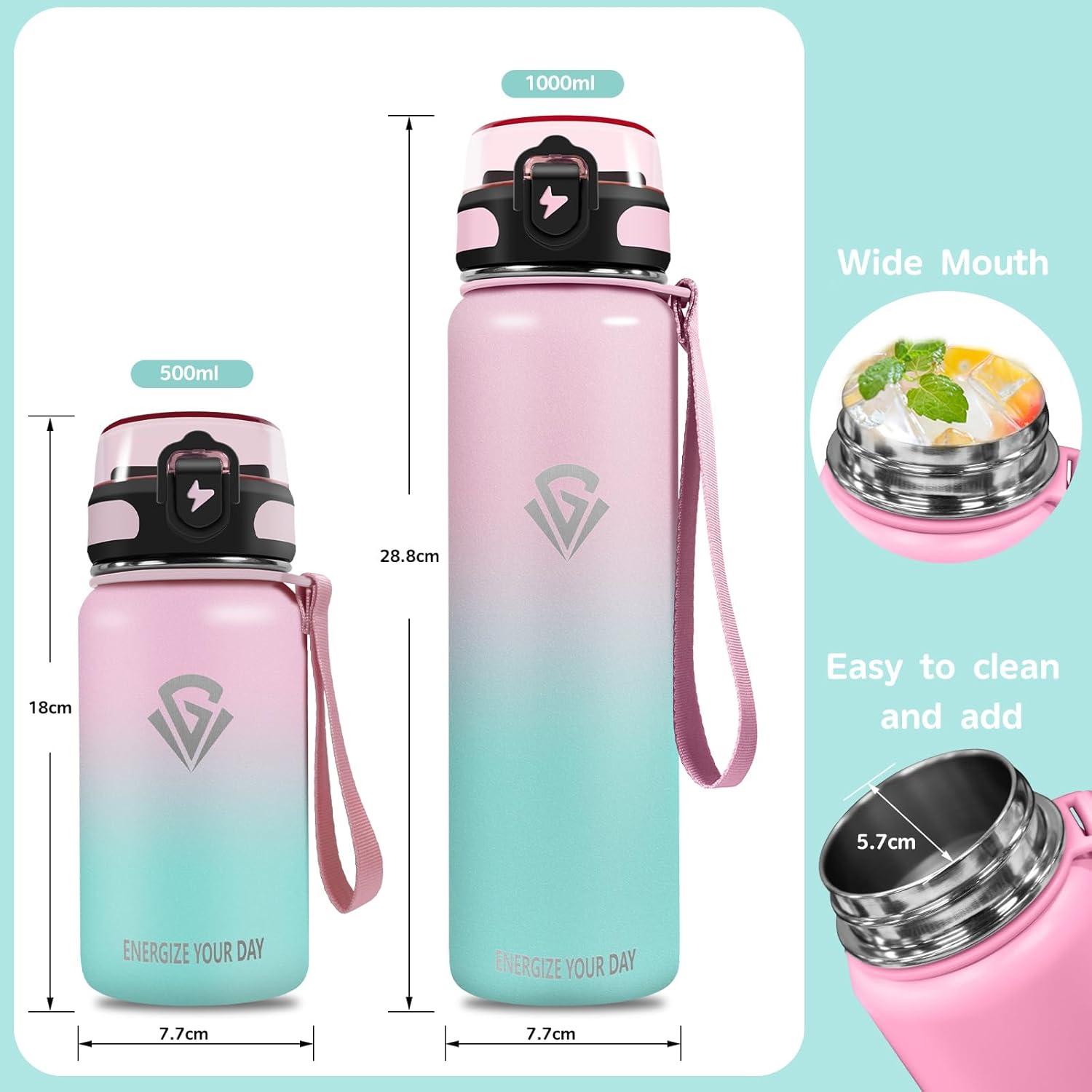 imageGrsta gourde Isotherme 1L Paille sans BPA Bouteille sous Vide Double Paroi AntiFuite Mtal Sport Camping GymLight Pinkgreen