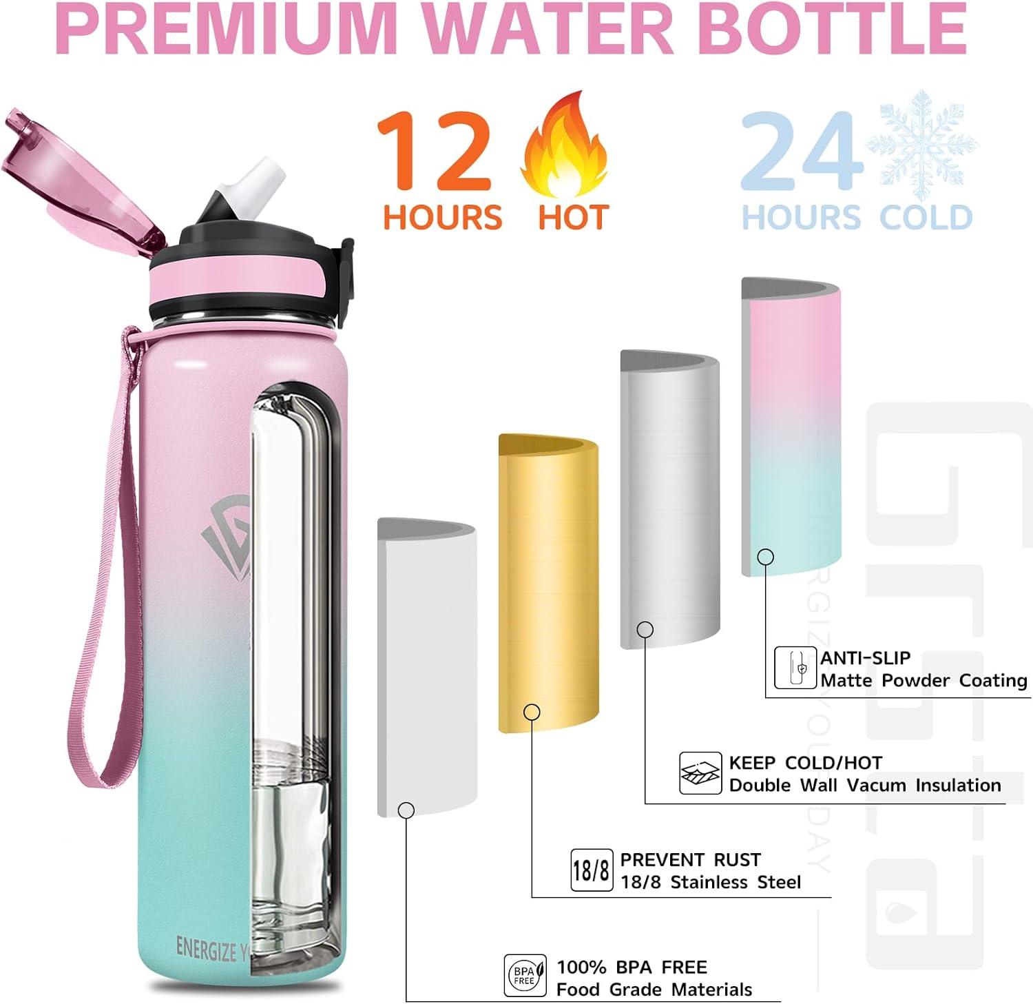 imageGrsta gourde Isotherme 1L Paille sans BPA Bouteille sous Vide Double Paroi AntiFuite Mtal Sport Camping GymLight Pinkgreen