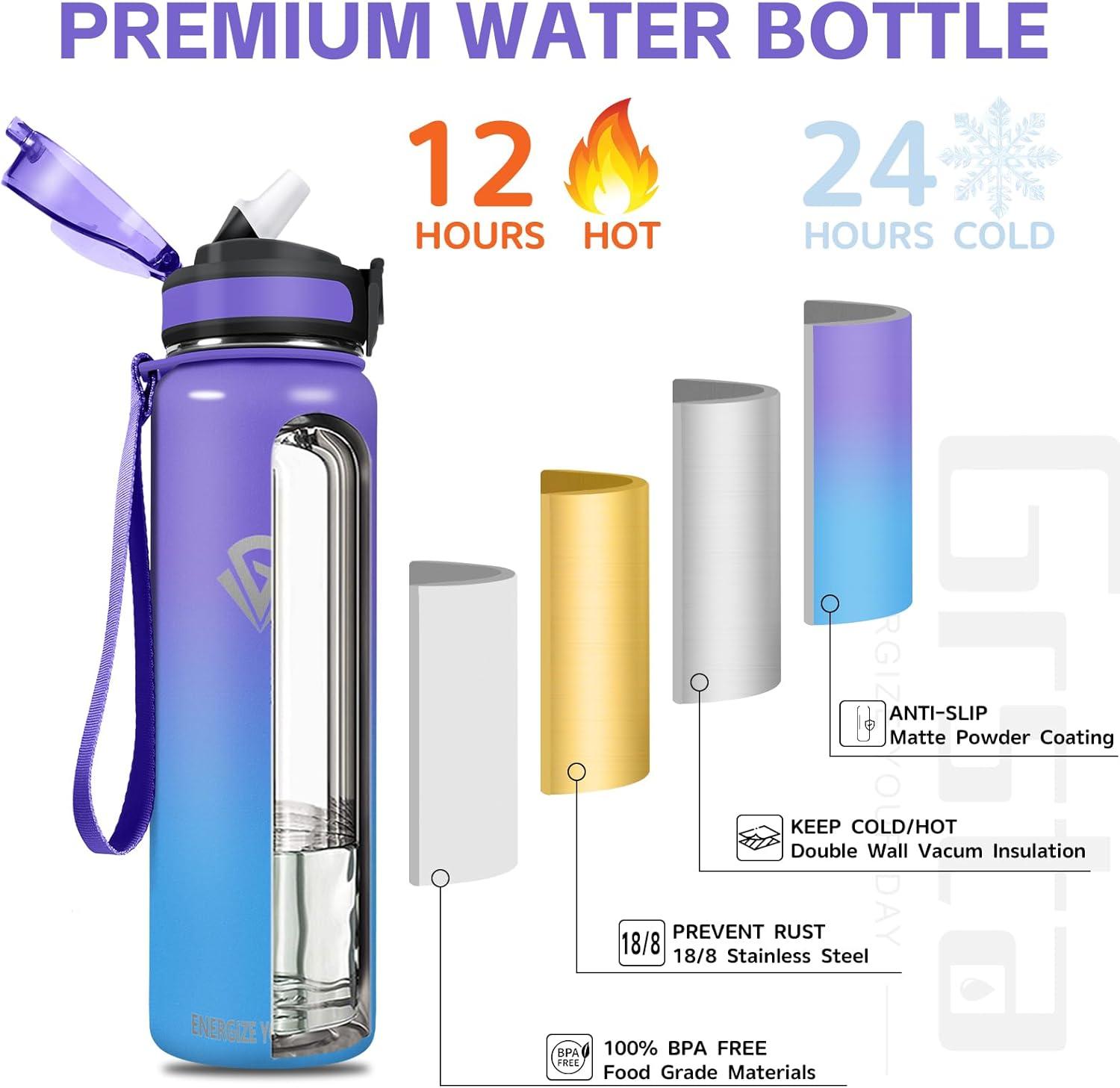 imageGrsta gourde Isotherme 1L Paille sans BPA Bouteille sous Vide Double Paroi AntiFuite Mtal Sport Camping GymPurpleblue