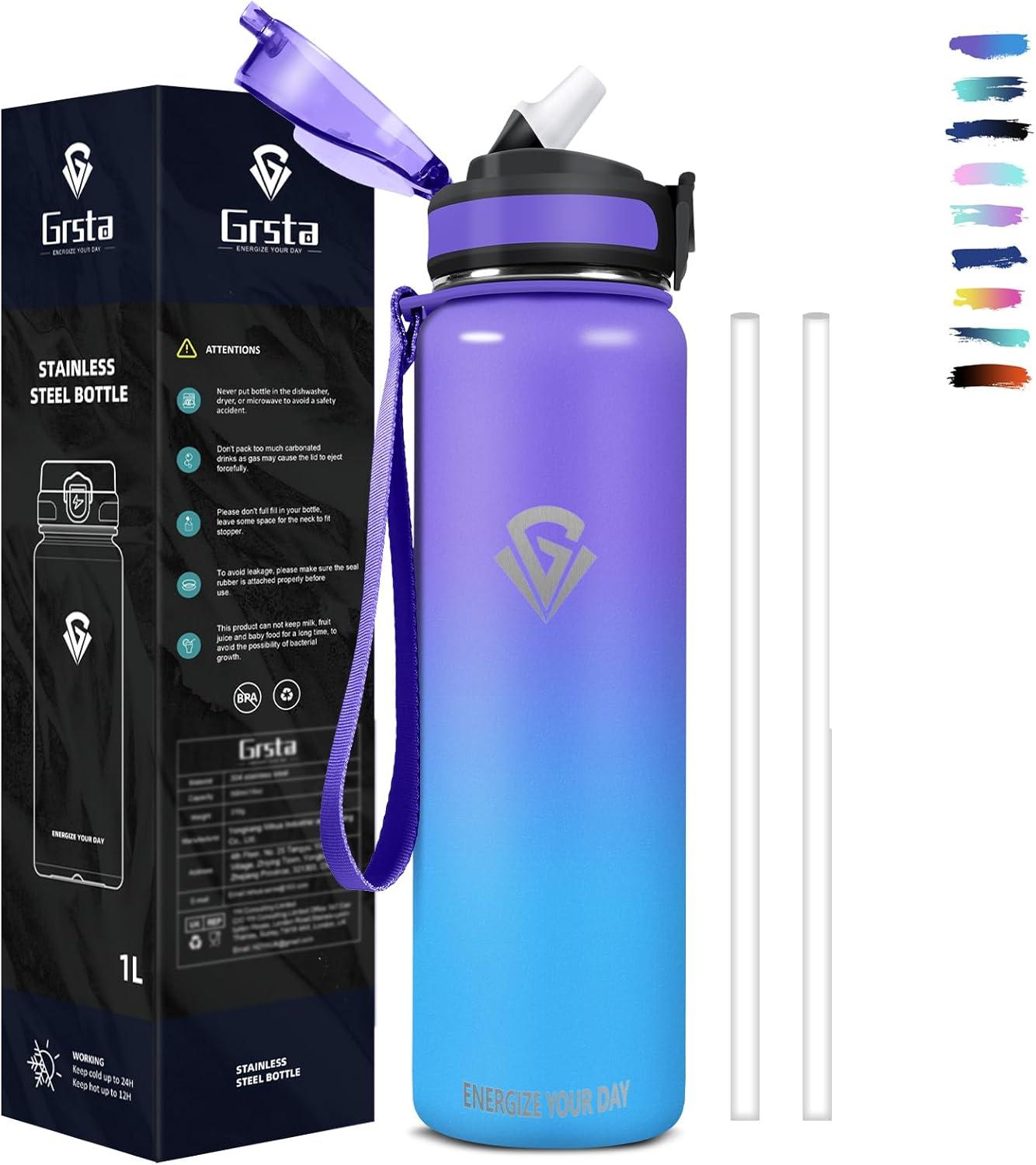 imageGrsta gourde Isotherme 1L Paille sans BPA Bouteille sous Vide Double Paroi AntiFuite Mtal Sport Camping GymPurpleblue