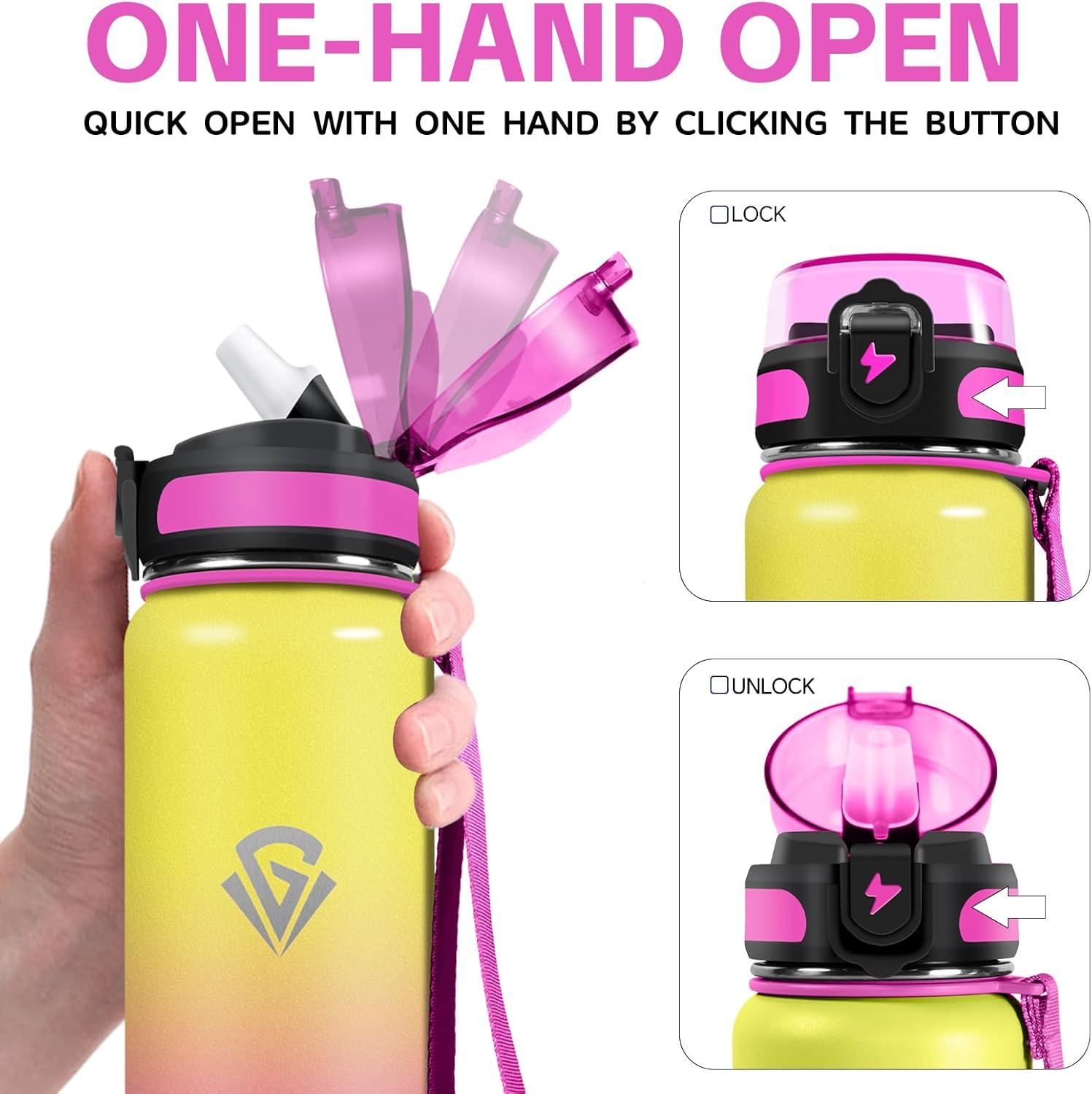imageGrsta gourde Isotherme 1L Paille sans BPA Bouteille sous Vide Double Paroi AntiFuite Mtal Sport Camping GymYellowpink