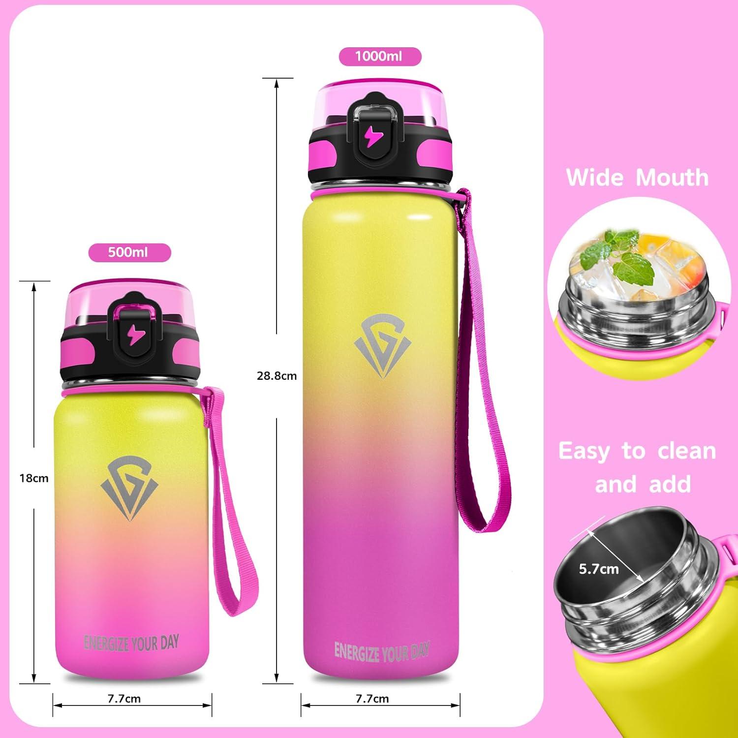 imageGrsta gourde Isotherme 1L Paille sans BPA Bouteille sous Vide Double Paroi AntiFuite Mtal Sport Camping GymYellowpink