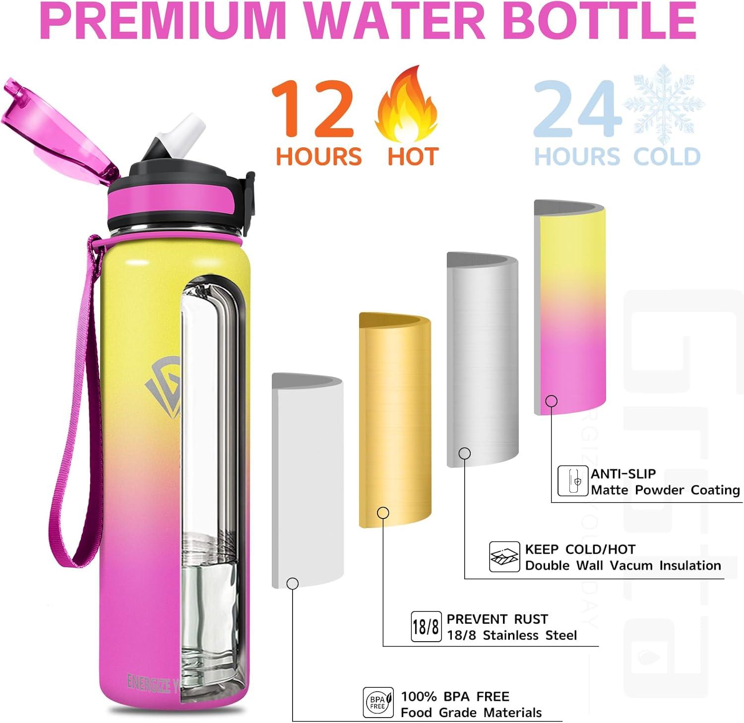 imageGrsta gourde Isotherme 1L Paille sans BPA Bouteille sous Vide Double Paroi AntiFuite Mtal Sport Camping GymYellowpink