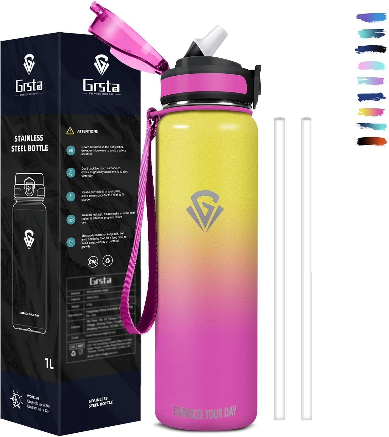 imageGrsta gourde Isotherme 1L Paille sans BPA Bouteille sous Vide Double Paroi AntiFuite Mtal Sport Camping GymYellowpink