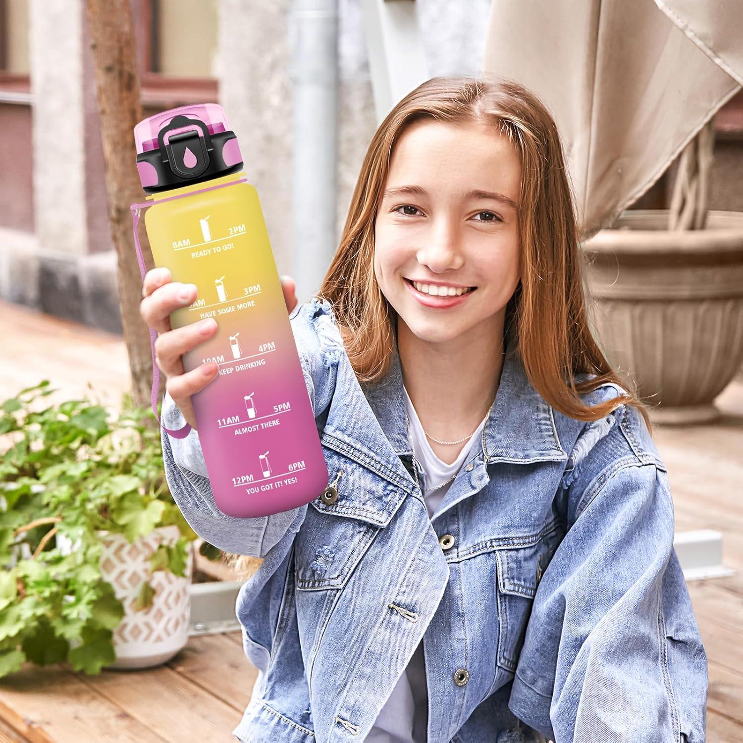 imageHoneyHolly Gourde 500ML tanche ampamp Rutilisable Gourde Sport Motivation avec Marqueur Antifuite Bouteille Bouteille deau Gourdes pour Gym Enfant Adulte cole Bureau Yoga CampingJaune Rose