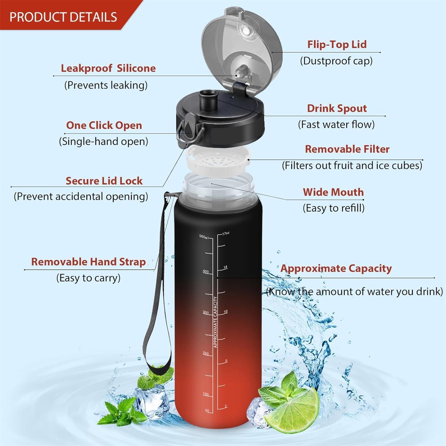 imageHoneyHolly Gourde 500ML tanche ampamp Rutilisable Gourde Sport Motivation avec Marqueur Antifuite Bouteille Bouteille deau Gourdes pour Gym Enfant Adulte cole Bureau Yoga CampingNoir Rouge