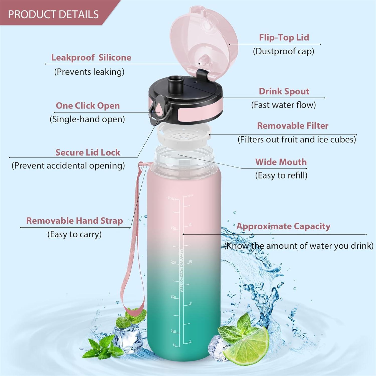 imageHoneyHolly Gourde 500ML tanche ampamp Rutilisable Gourde Sport Motivation avec Marqueur Antifuite Bouteille Bouteille deau Gourdes pour Gym Enfant Adulte cole Bureau Yoga CampingCyan Rose