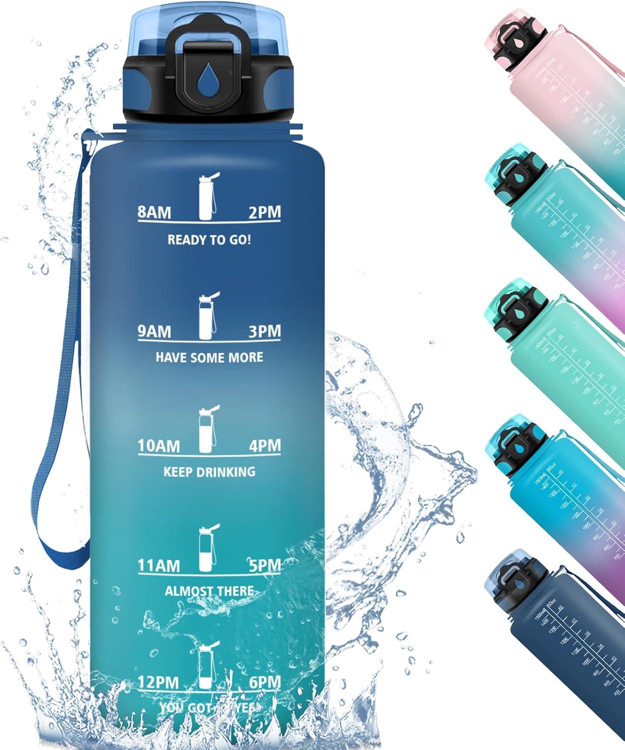 imageHoneyHolly Gourde 500ML tanche ampamp Rutilisable Gourde Sport Motivation avec Marqueur Antifuite Bouteille Bouteille deau Gourdes pour Gym Enfant Adulte cole Bureau Yoga CampingBleu Vert