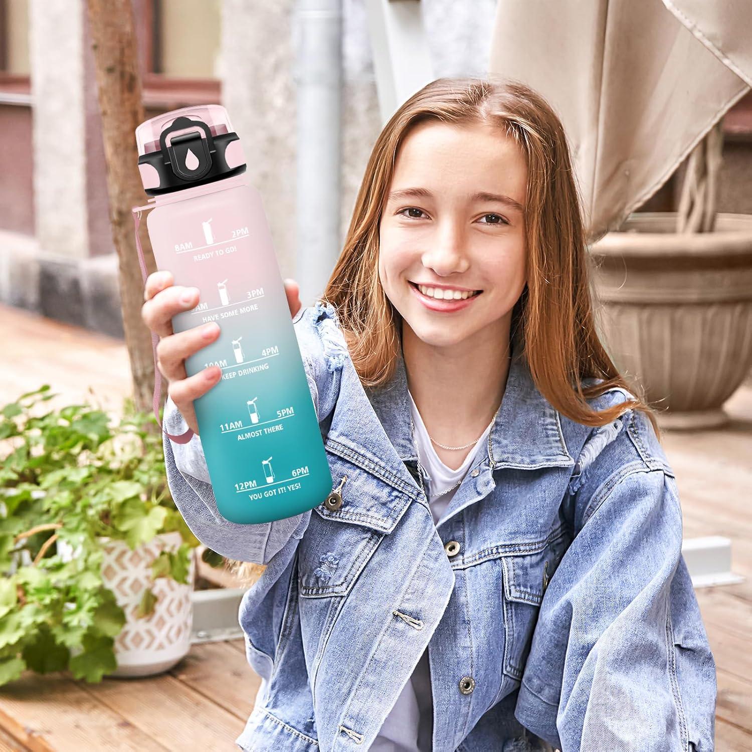 imageHoneyHolly Gourde 500ML tanche ampamp Rutilisable Gourde Sport Motivation avec Marqueur Antifuite Bouteille Bouteille deau Gourdes pour Gym Enfant Adulte cole Bureau Yoga CampingCyan Rose