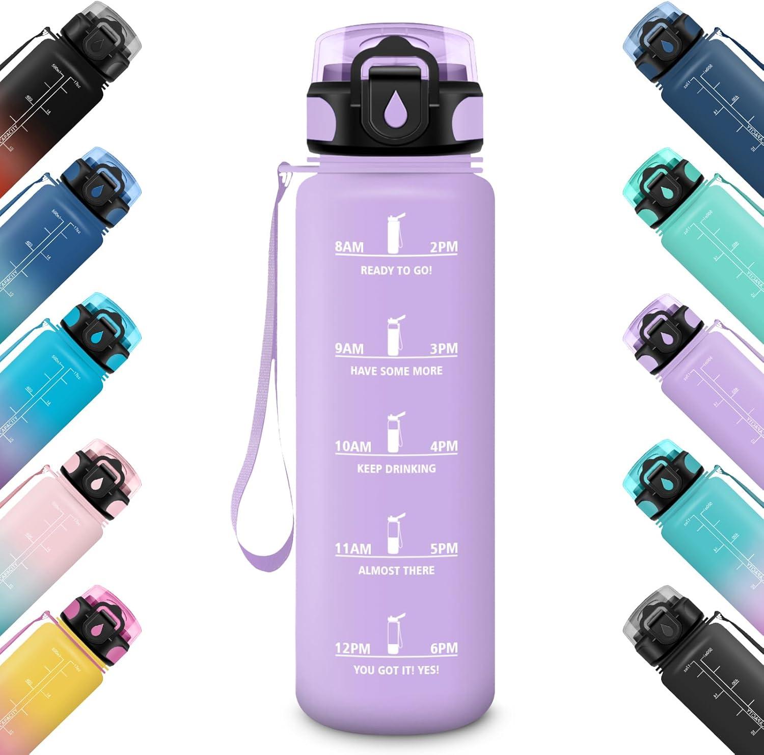 imageHoneyHolly Gourde 500ML tanche ampamp Rutilisable Gourde Sport Motivation avec Marqueur Antifuite Bouteille Bouteille deau Gourdes pour Gym Enfant Adulte cole Bureau Yoga CampingViolet Clair
