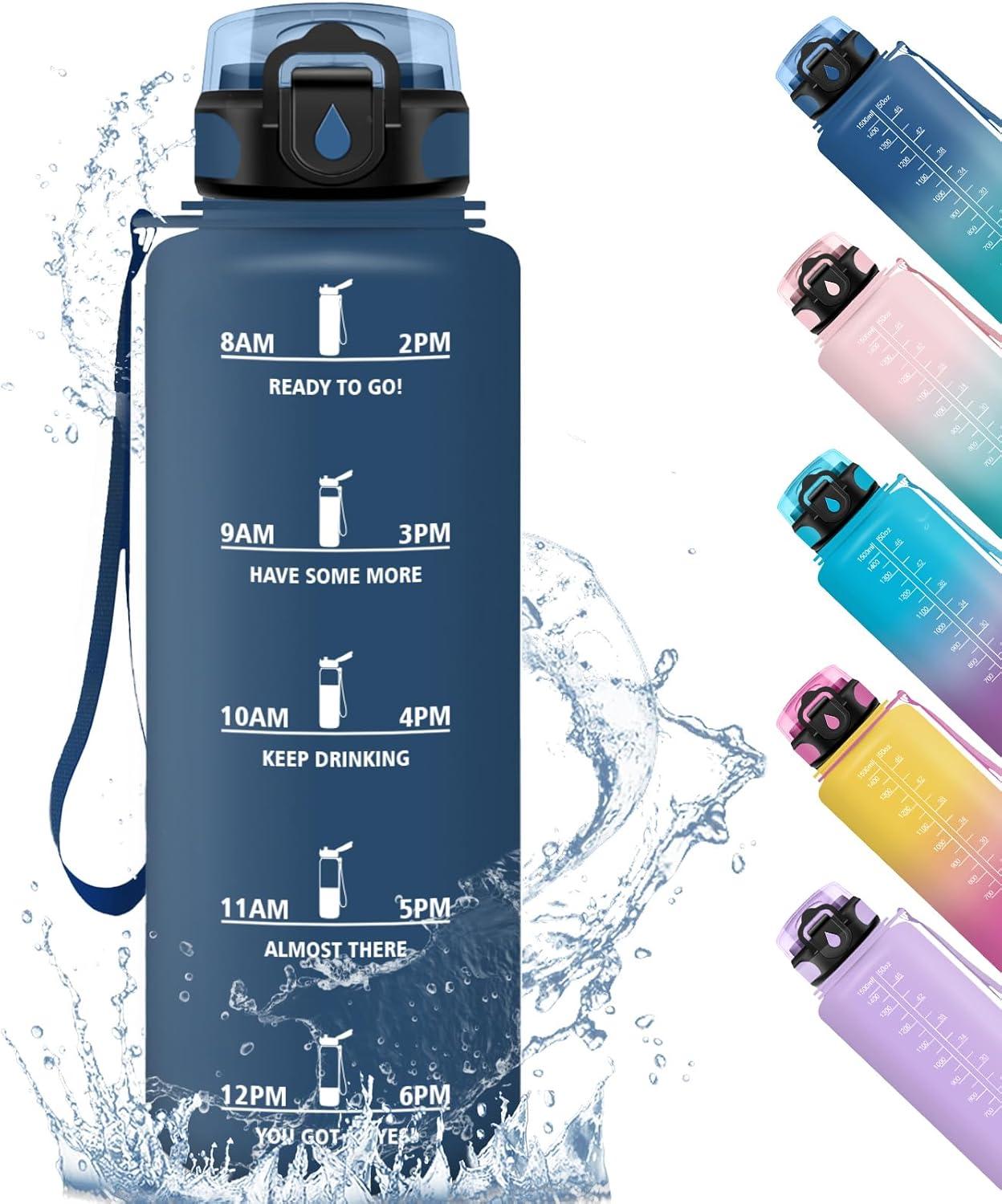 imageHoneyHolly Gourde 500ML tanche ampamp Rutilisable Gourde Sport Motivation avec Marqueur Antifuite Bouteille Bouteille deau Gourdes pour Gym Enfant Adulte cole Bureau Yoga CampingBleu Marine