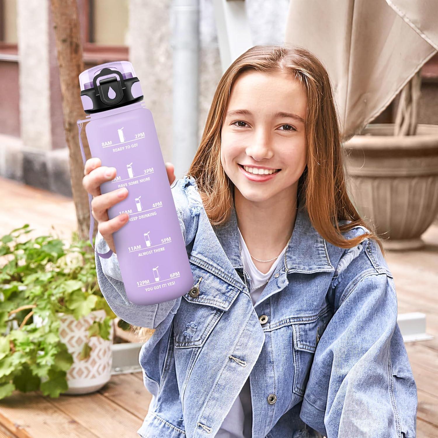 imageHoneyHolly Gourde 500ML tanche ampamp Rutilisable Gourde Sport Motivation avec Marqueur Antifuite Bouteille Bouteille deau Gourdes pour Gym Enfant Adulte cole Bureau Yoga CampingViolet Clair