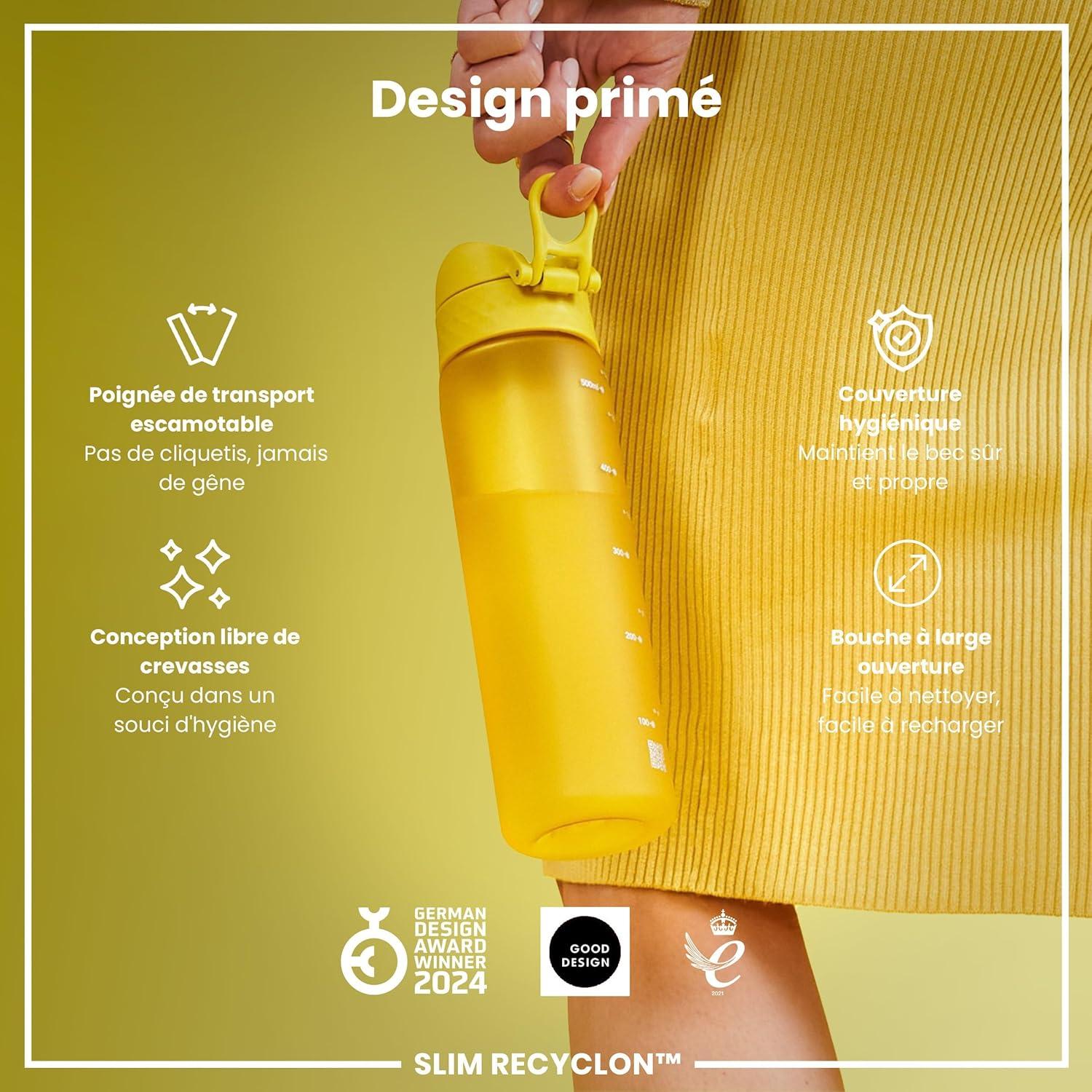 imageIon8 Gourde 500ml AntiFuite Facile Ouvrir Verrouillage Scuris Lavable en Lavevaisselle Sans BPA Poigne de Transport Sadapte aux Portegobelets Facile NettoyerJaune