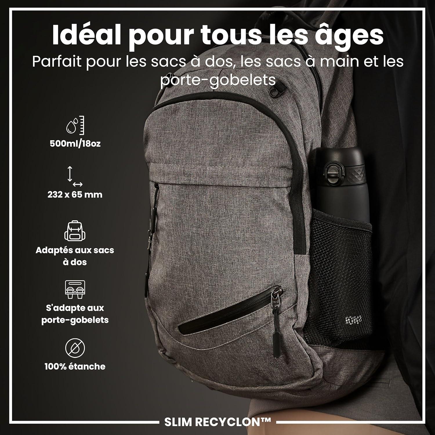 imageIon8 Gourde 500ml AntiFuite Facile Ouvrir Verrouillage Scuris Lavable en Lavevaisselle Sans BPA Poigne de Transport Sadapte aux Portegobelets Facile NettoyerNoir