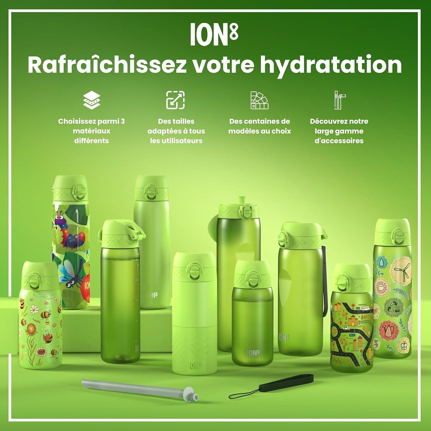 imageIon8 Gourde 500ml AntiFuite Facile Ouvrir Verrouillage Scuris Lavable en Lavevaisselle Sans BPA Poigne de Transport Sadapte aux Portegobelets Facile NettoyerVert