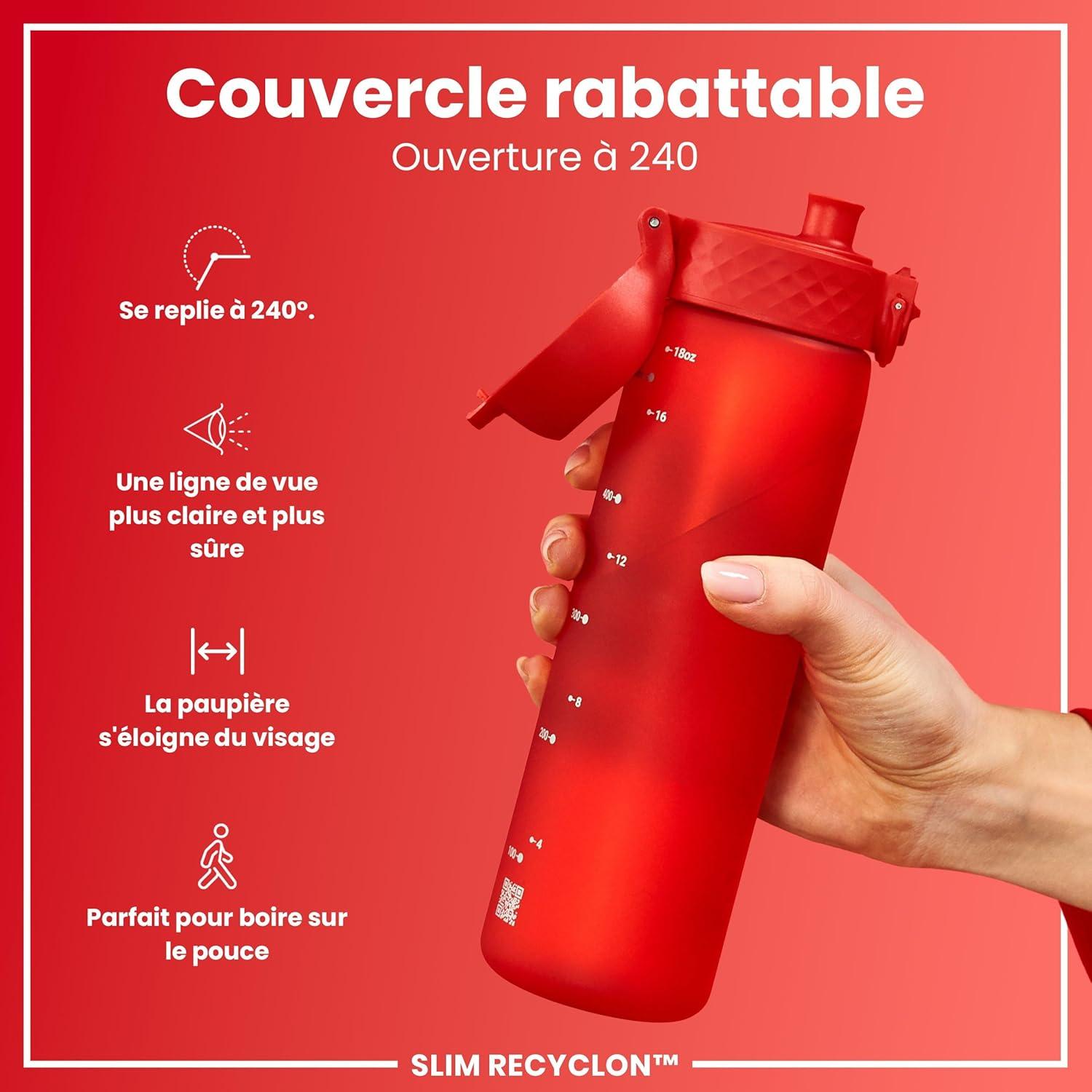 imageIon8 Gourde 500ml AntiFuite Facile Ouvrir Verrouillage Scuris Lavable en Lavevaisselle Sans BPA Poigne de Transport Sadapte aux Portegobelets Facile NettoyerRouge