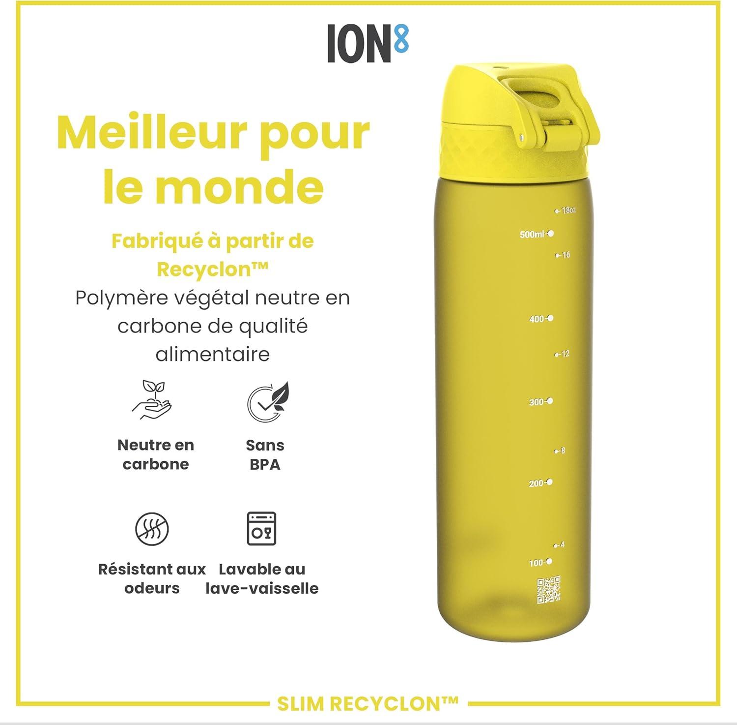 imageIon8 Gourde 500ml AntiFuite Facile Ouvrir Verrouillage Scuris Lavable en Lavevaisselle Sans BPA Poigne de Transport Sadapte aux Portegobelets Facile NettoyerJaune