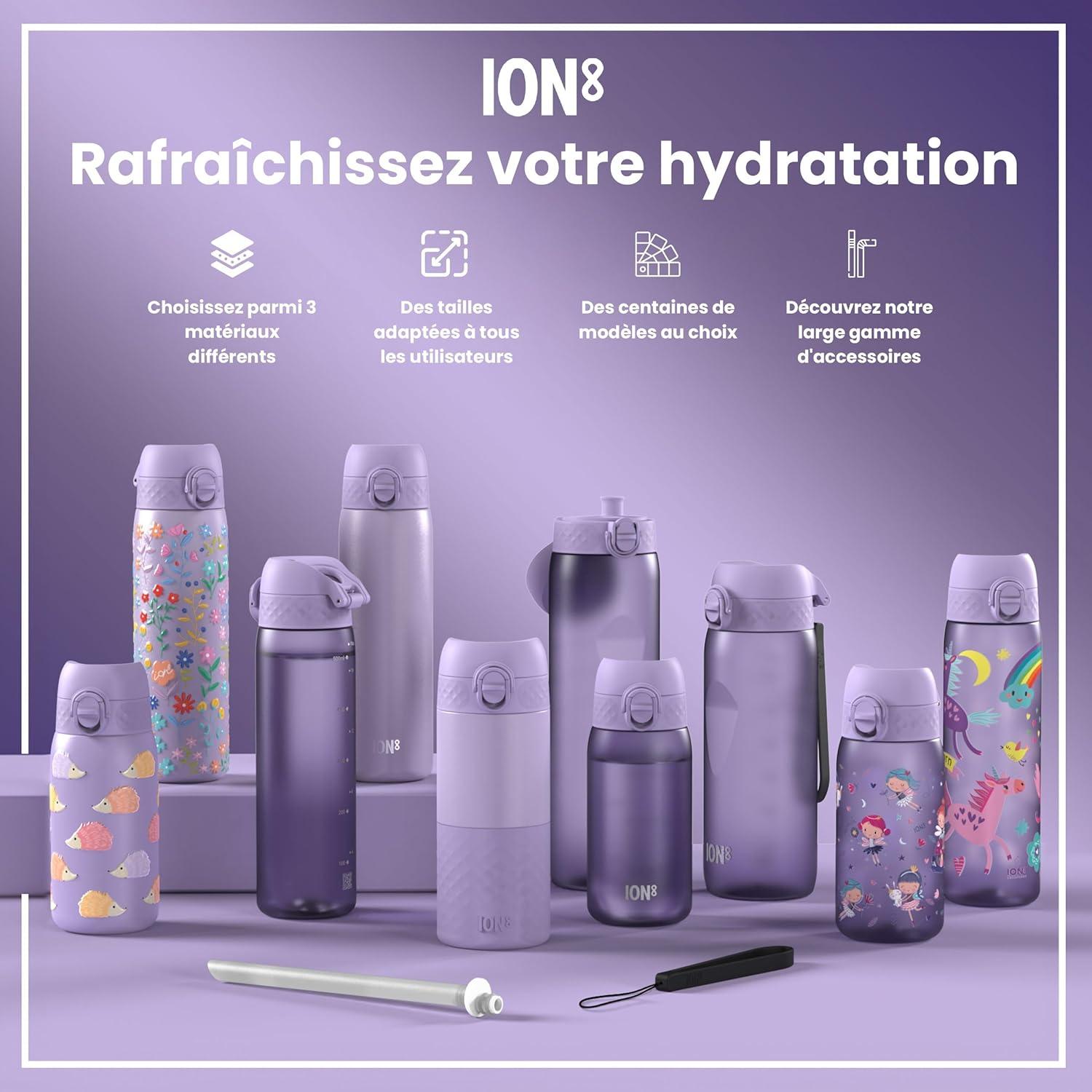 imageIon8 Gourde 500ml AntiFuite Facile Ouvrir Verrouillage Scuris Lavable en Lavevaisselle Sans BPA Poigne de Transport Sadapte aux Portegobelets Facile NettoyerViolet Clair