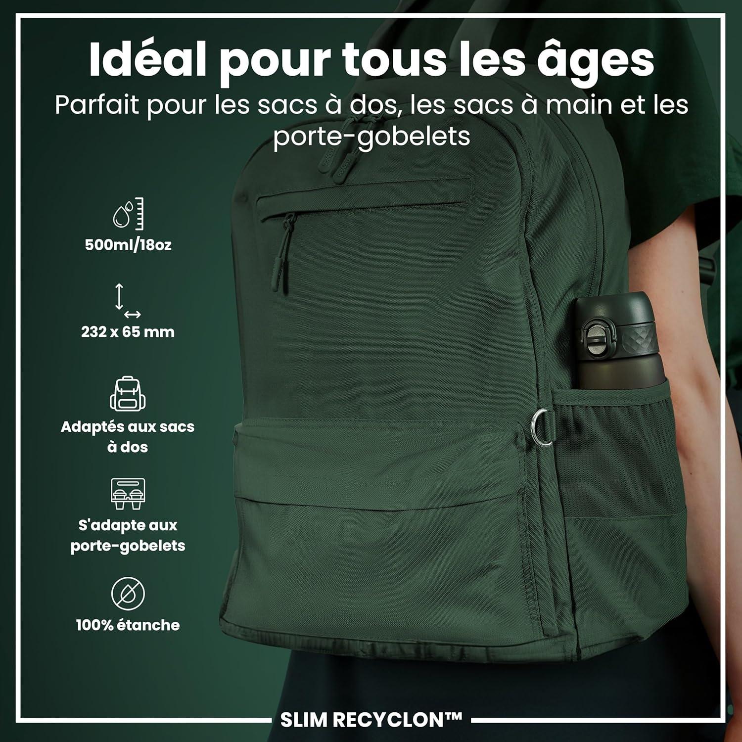 imageIon8 Gourde 500ml AntiFuite Facile Ouvrir Verrouillage Scuris Lavable en Lavevaisselle Sans BPA Poigne de Transport Sadapte aux Portegobelets Facile NettoyerVert Fonc