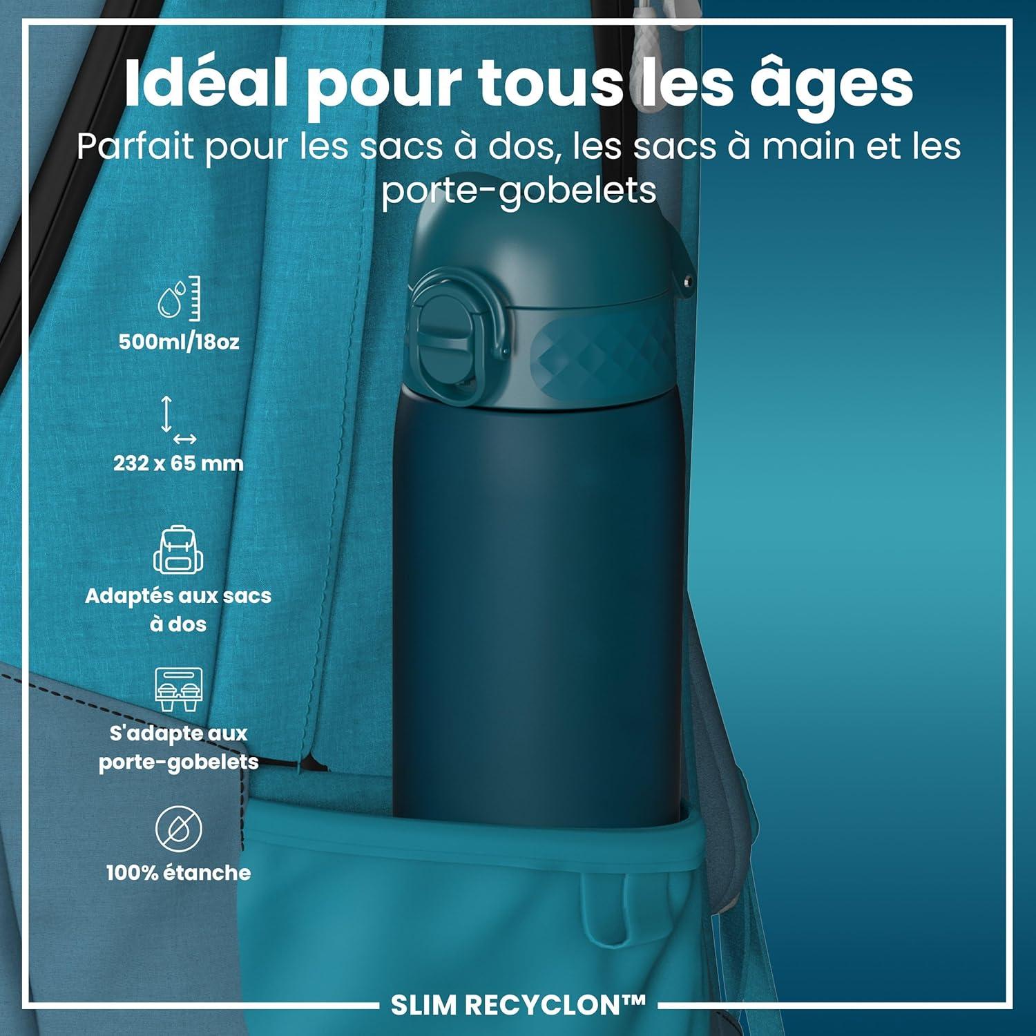 imageIon8 Gourde 500ml AntiFuite Facile Ouvrir Verrouillage Scuris Lavable en Lavevaisselle Sans BPA Poigne de Transport Sadapte aux Portegobelets Facile NettoyerSarcelle Profond