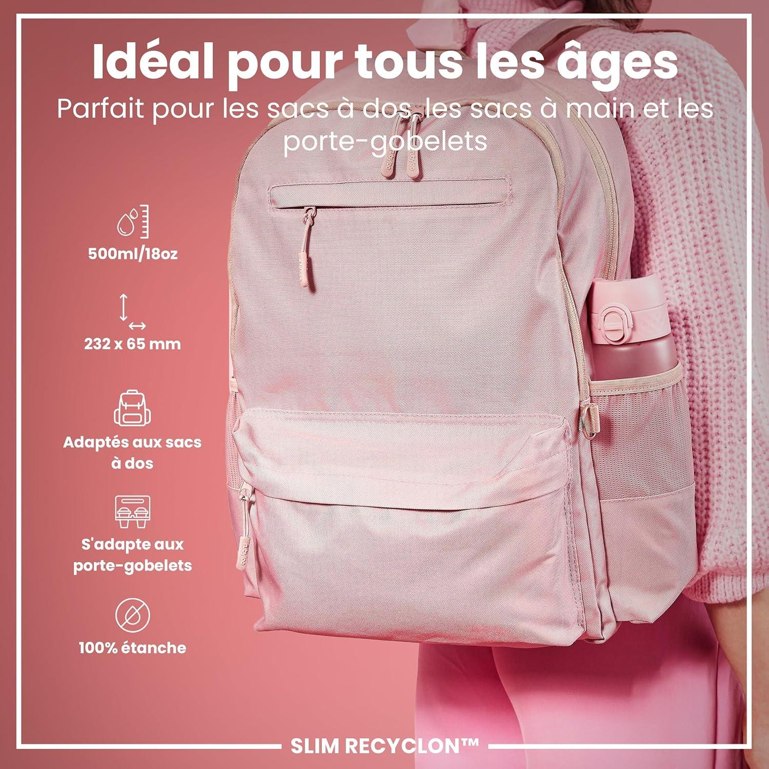 imageIon8 Gourde 500ml AntiFuite Facile Ouvrir Verrouillage Scuris Lavable en Lavevaisselle Sans BPA Poigne de Transport Sadapte aux Portegobelets Facile NettoyerRose Clair