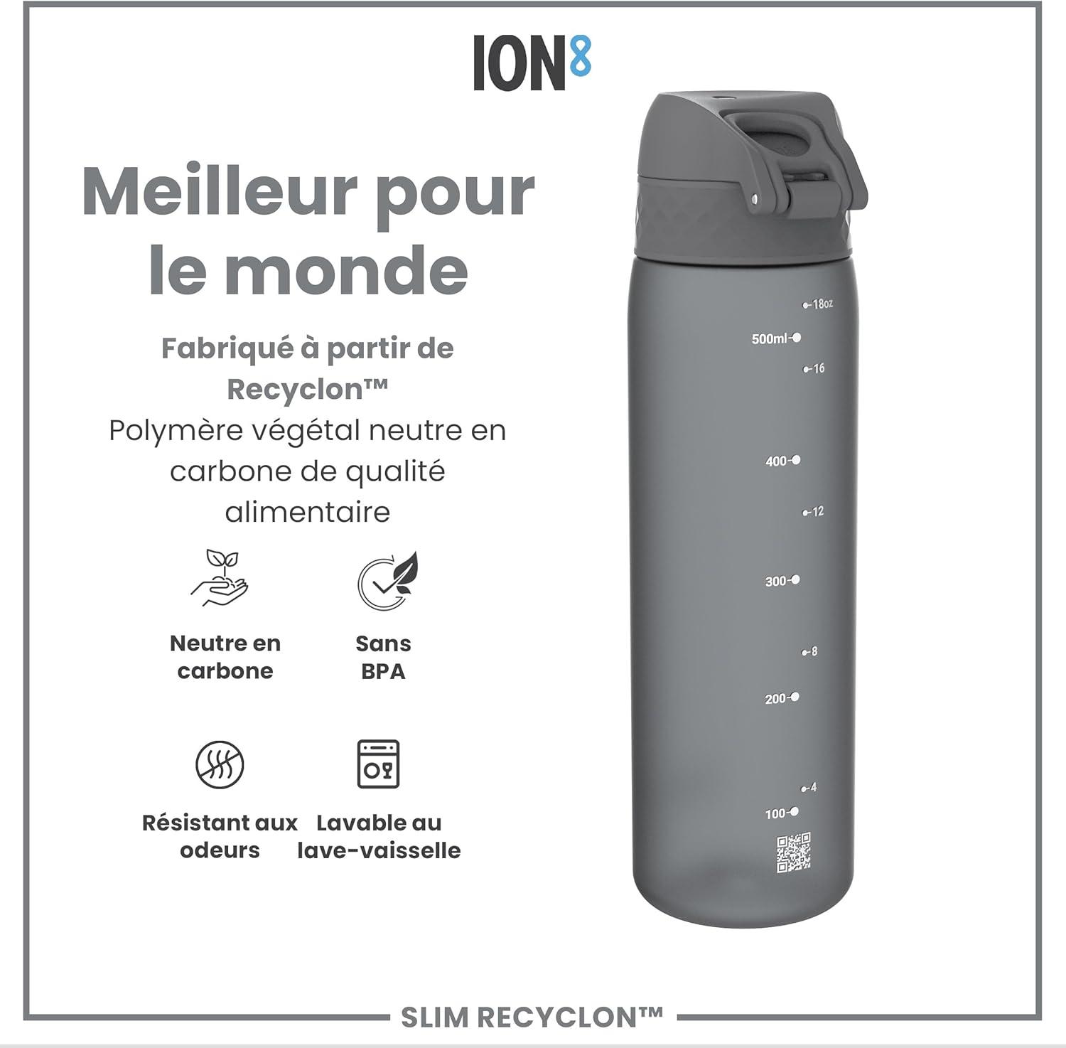 imageIon8 Gourde 500ml AntiFuite Facile Ouvrir Verrouillage Scuris Lavable en Lavevaisselle Sans BPA Poigne de Transport Sadapte aux Portegobelets Facile NettoyerGris