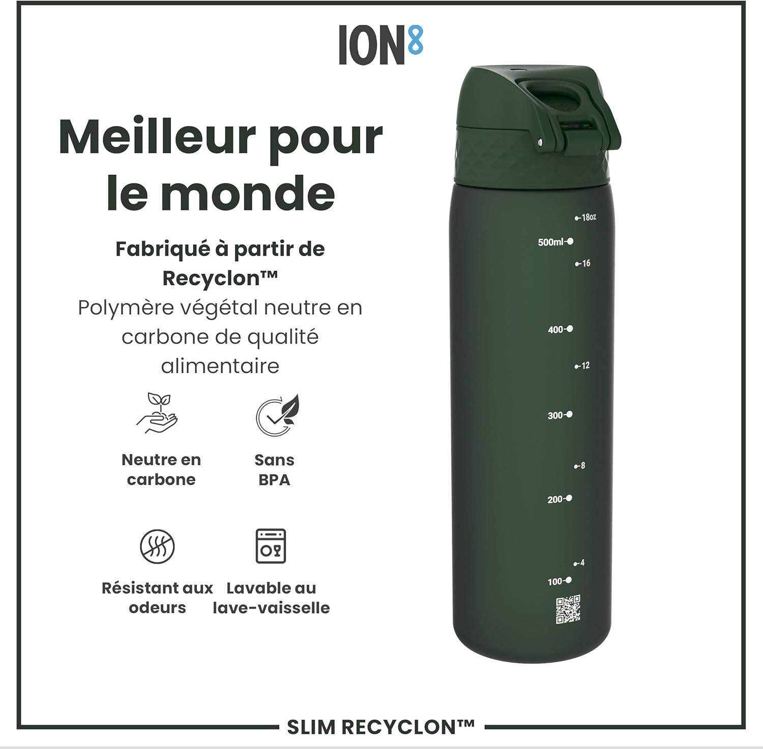 imageIon8 Gourde 500ml AntiFuite Facile Ouvrir Verrouillage Scuris Lavable en Lavevaisselle Sans BPA Poigne de Transport Sadapte aux Portegobelets Facile NettoyerVert Fonc