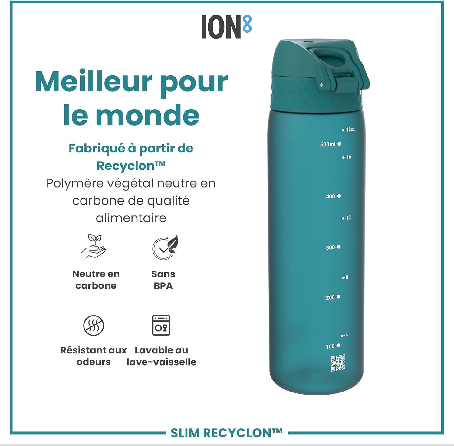 imageIon8 Gourde 500ml AntiFuite Facile Ouvrir Verrouillage Scuris Lavable en Lavevaisselle Sans BPA Poigne de Transport Sadapte aux Portegobelets Facile NettoyerAqua