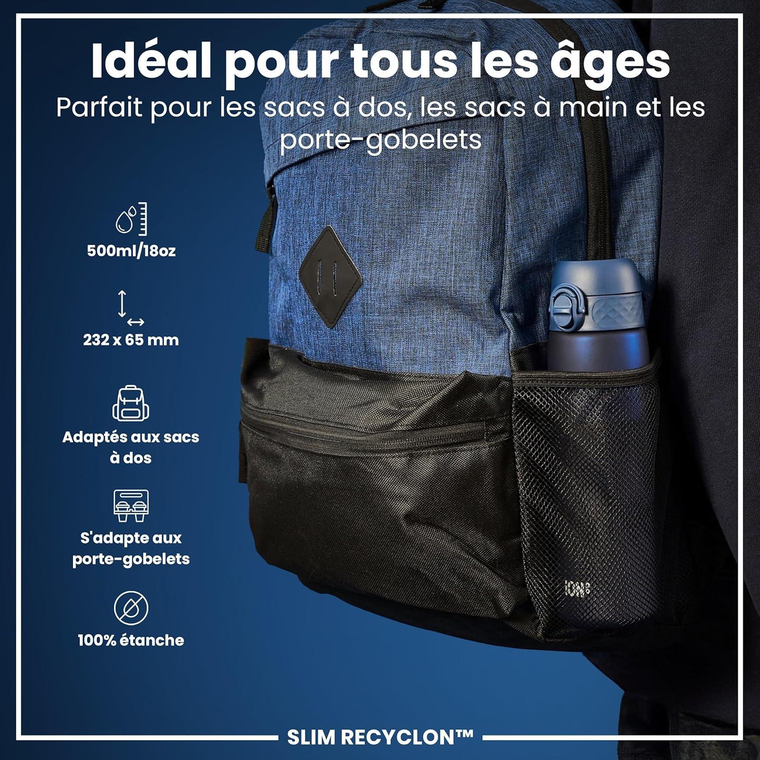 imageIon8 Gourde 500ml AntiFuite Facile Ouvrir Verrouillage Scuris Lavable en Lavevaisselle Sans BPA Poigne de Transport Sadapte aux Portegobelets Facile NettoyerBleu Marine