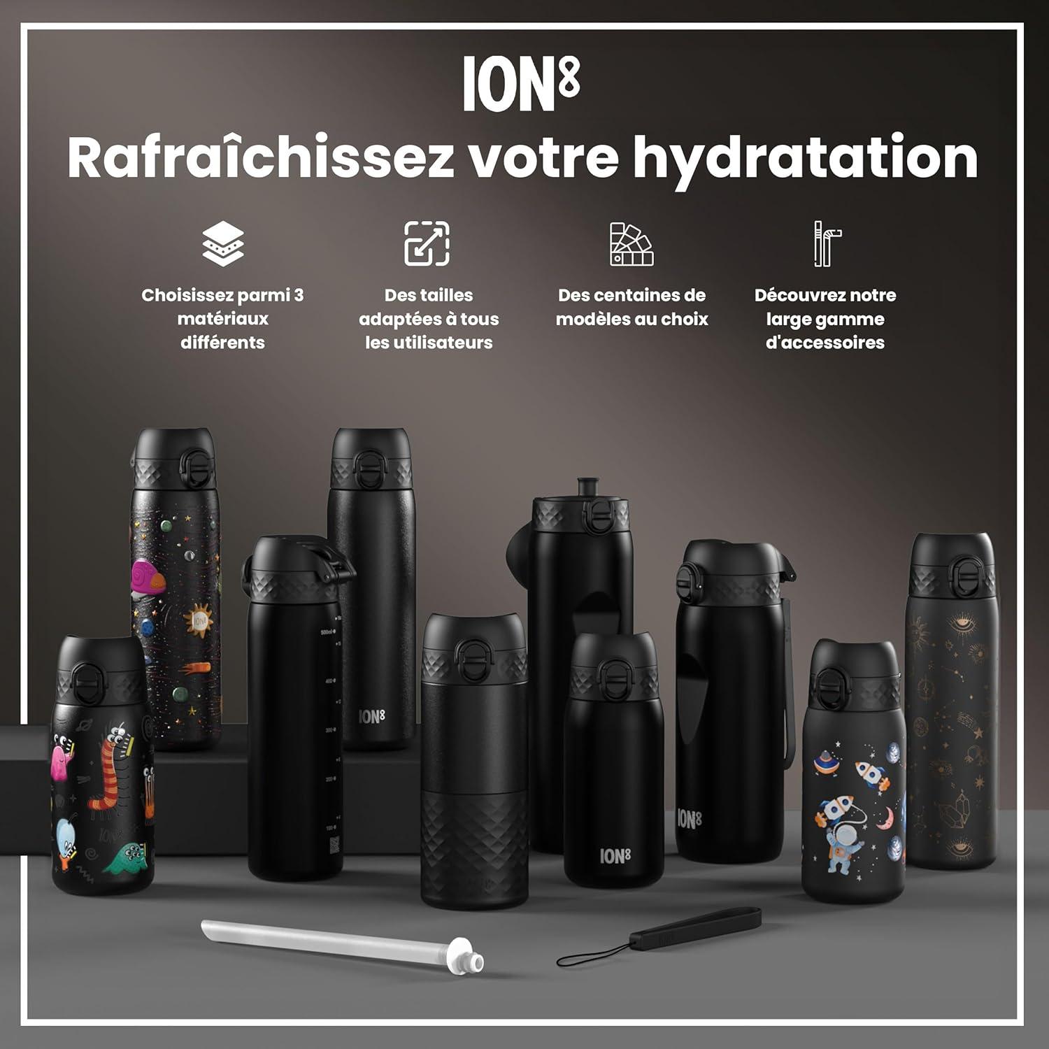 imageIon8 Gourde 500ml AntiFuite Facile Ouvrir Verrouillage Scuris Lavable en Lavevaisselle Sans BPA Poigne de Transport Sadapte aux Portegobelets Facile NettoyerNoir