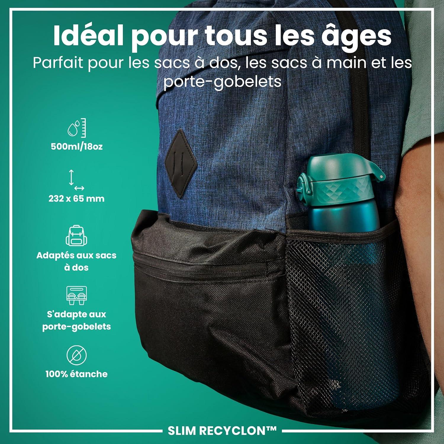 imageIon8 Gourde 500ml AntiFuite Facile Ouvrir Verrouillage Scuris Lavable en Lavevaisselle Sans BPA Poigne de Transport Sadapte aux Portegobelets Facile NettoyerAqua