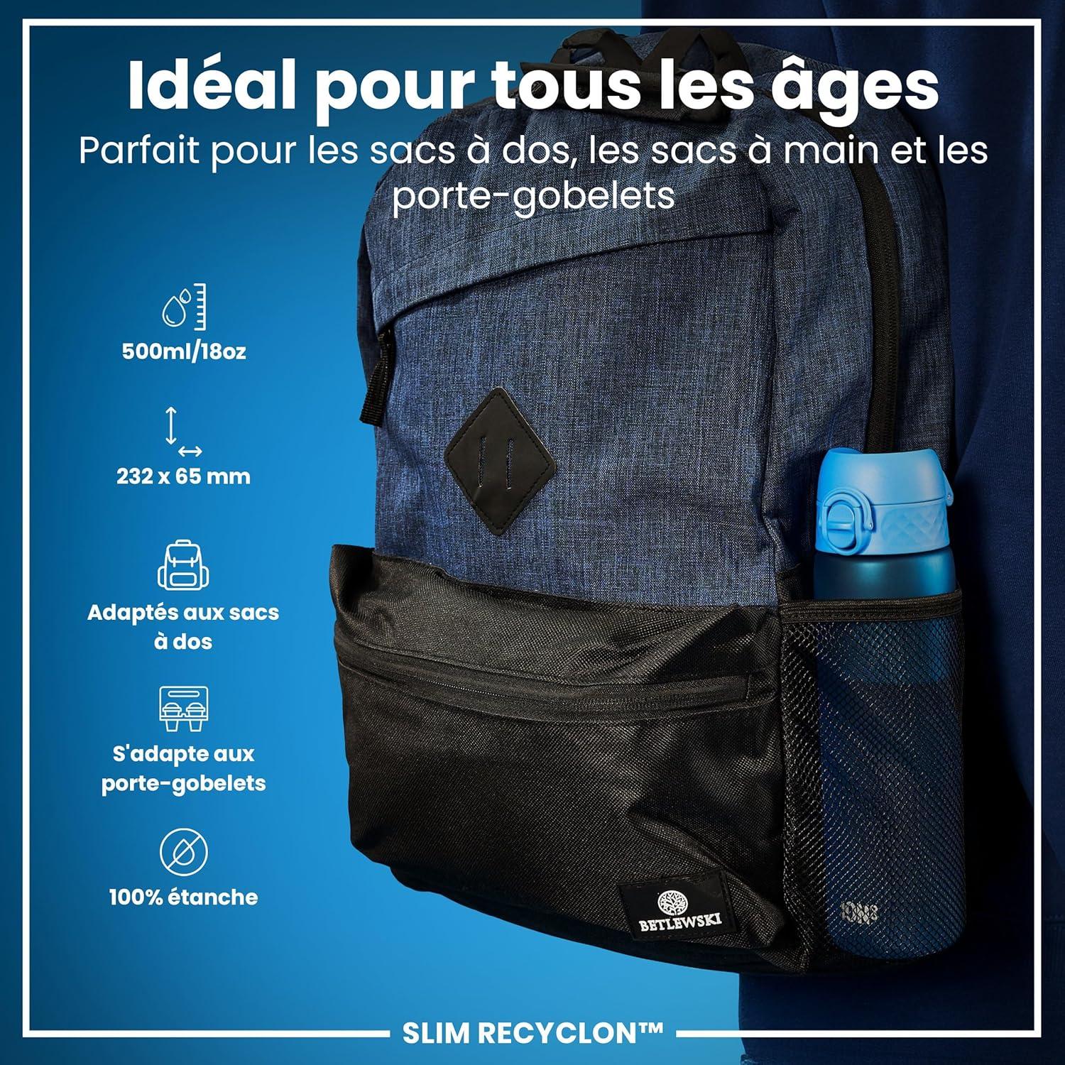 imageIon8 Gourde 500ml AntiFuite Facile Ouvrir Verrouillage Scuris Lavable en Lavevaisselle Sans BPA Poigne de Transport Sadapte aux Portegobelets Facile NettoyerBleu