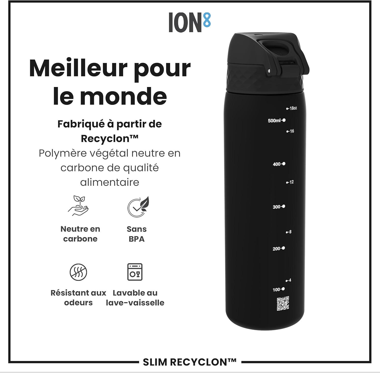 imageIon8 Gourde 500ml AntiFuite Facile Ouvrir Verrouillage Scuris Lavable en Lavevaisselle Sans BPA Poigne de Transport Sadapte aux Portegobelets Facile NettoyerNoir
