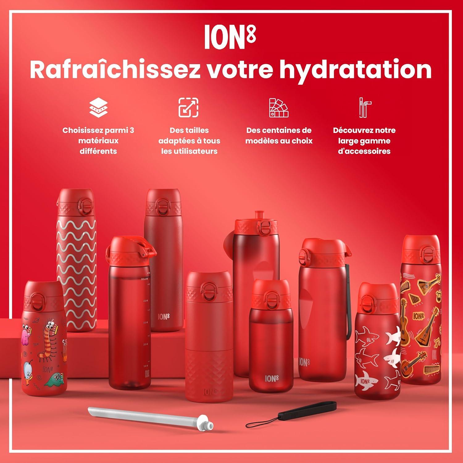 imageIon8 Gourde 500ml AntiFuite Facile Ouvrir Verrouillage Scuris Lavable en Lavevaisselle Sans BPA Poigne de Transport Sadapte aux Portegobelets Facile NettoyerRouge